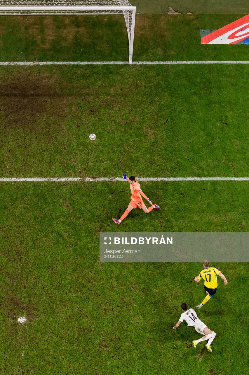 Viktor Gyökeres of Sweden scores 5-0 against goalkeeper