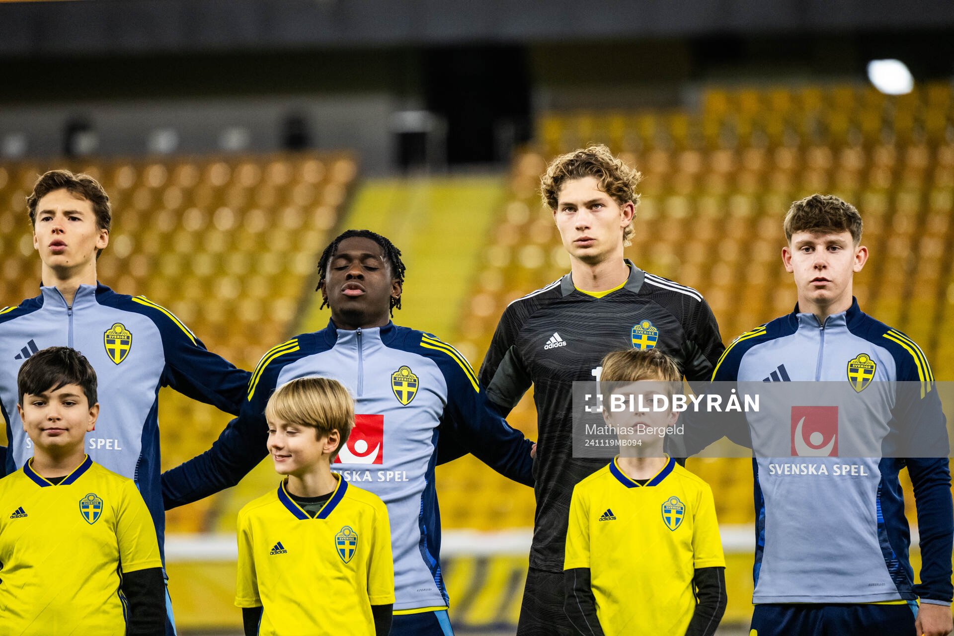 John Mellberg, William Rashidi, goalkeeper William Nieroth Lundgren and Viggo Jeppsson of Sweden during line-up ahead of the under-19 Euro Qualifier football match between Sweden and Norway on November 19, 2024 in Borås.