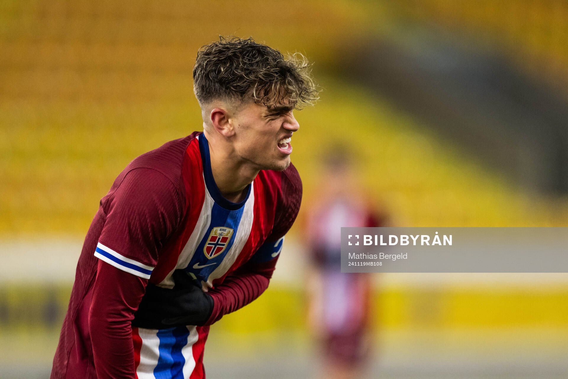 Aleksander Hammer Kjelsen of Norway in pain during the under-19 Euro Qualifier football match between Sweden and Norway on November 19, 2024 in Borås.