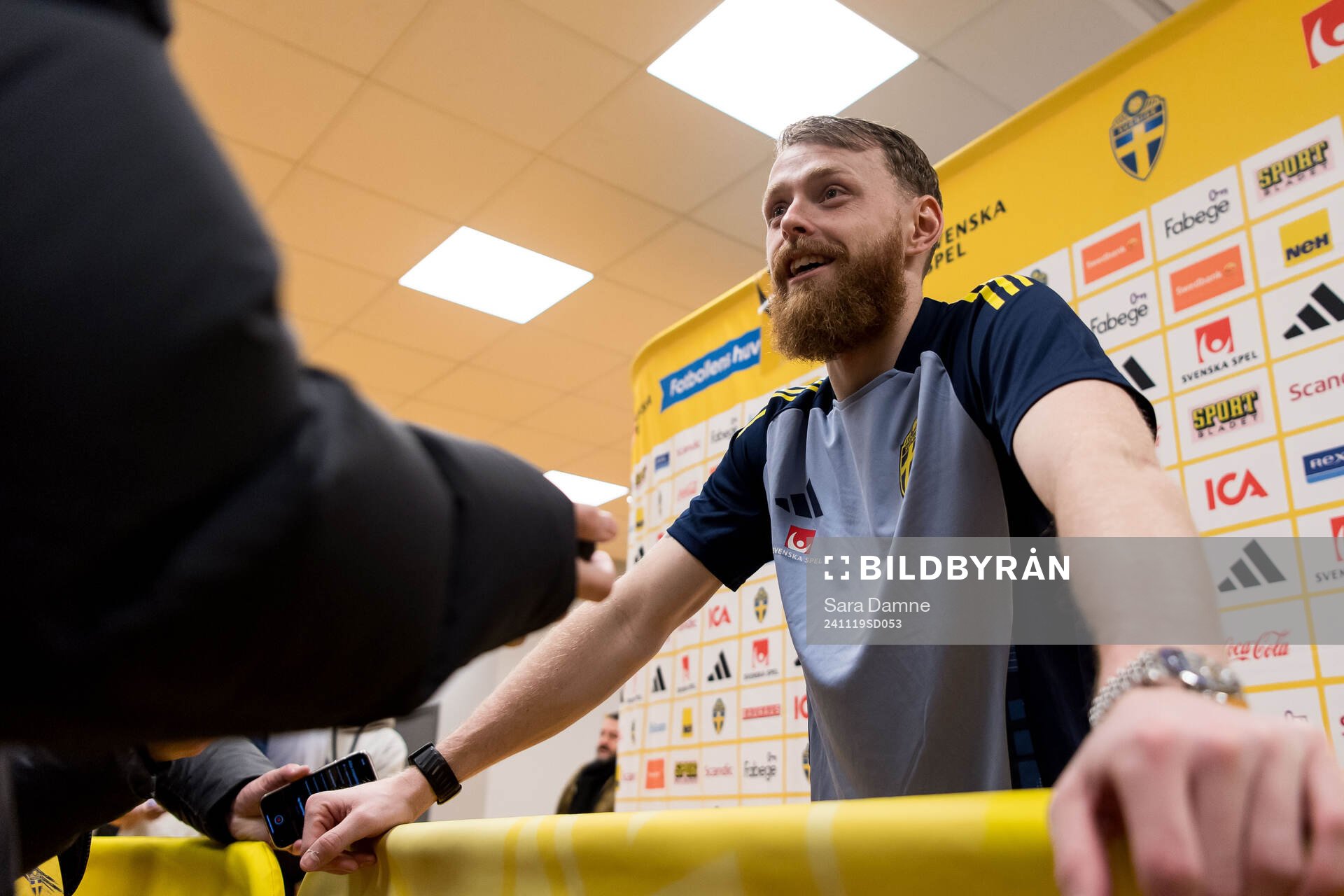 Goalkeeper Viktor Johansson of Sweden in mixed zone