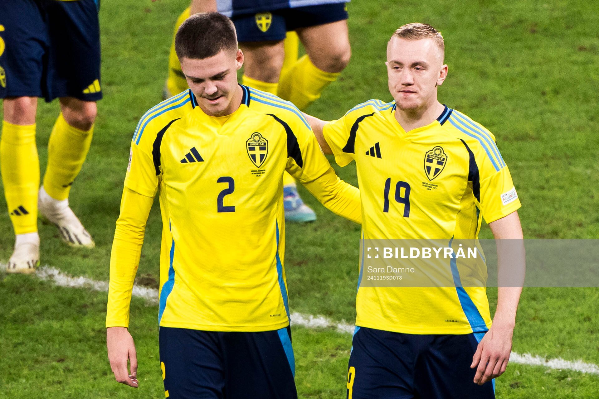 Emil Holm and Isac Lidberg of Sweden after the Nations League football match between Sweden and Azerbaijan on November 19, 2024 in Stockholm.
