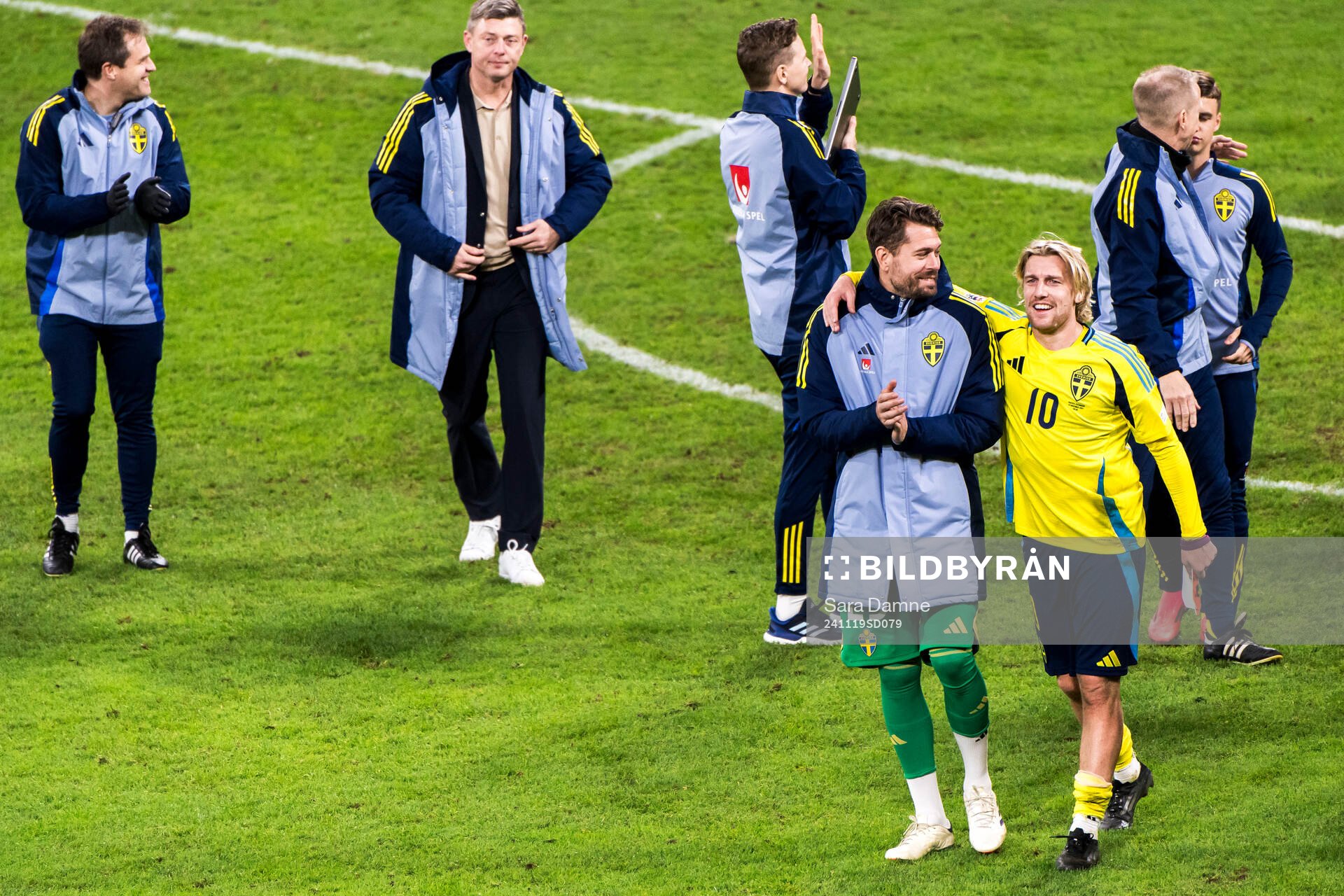Kristoffer Nordfeldt and Emil Forsberg of Sweden after the Nations League football match between Sweden and Azerbaijan on November 19, 2024 in Stockholm.