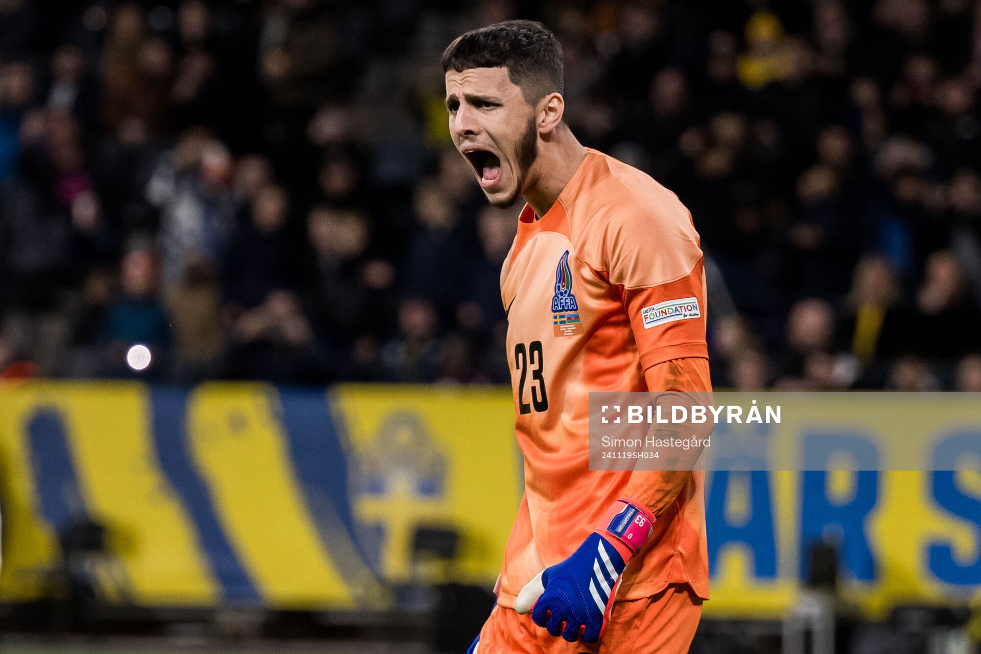 Goalkeeper Elvin Jafarguliyev of Azerbaijan celebrates