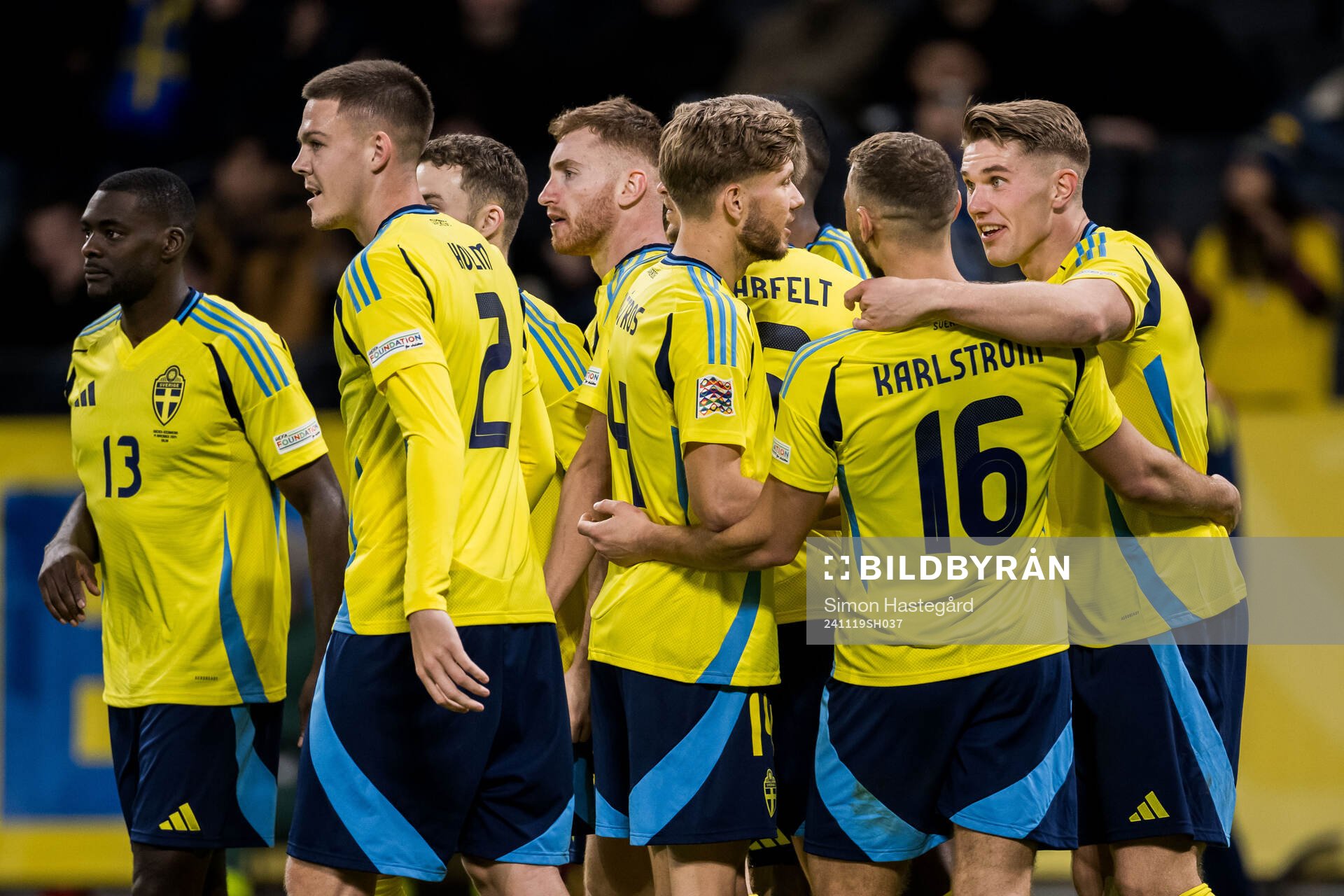 Dejan Kulusevski of Sweden celebrates with team mates 4-0