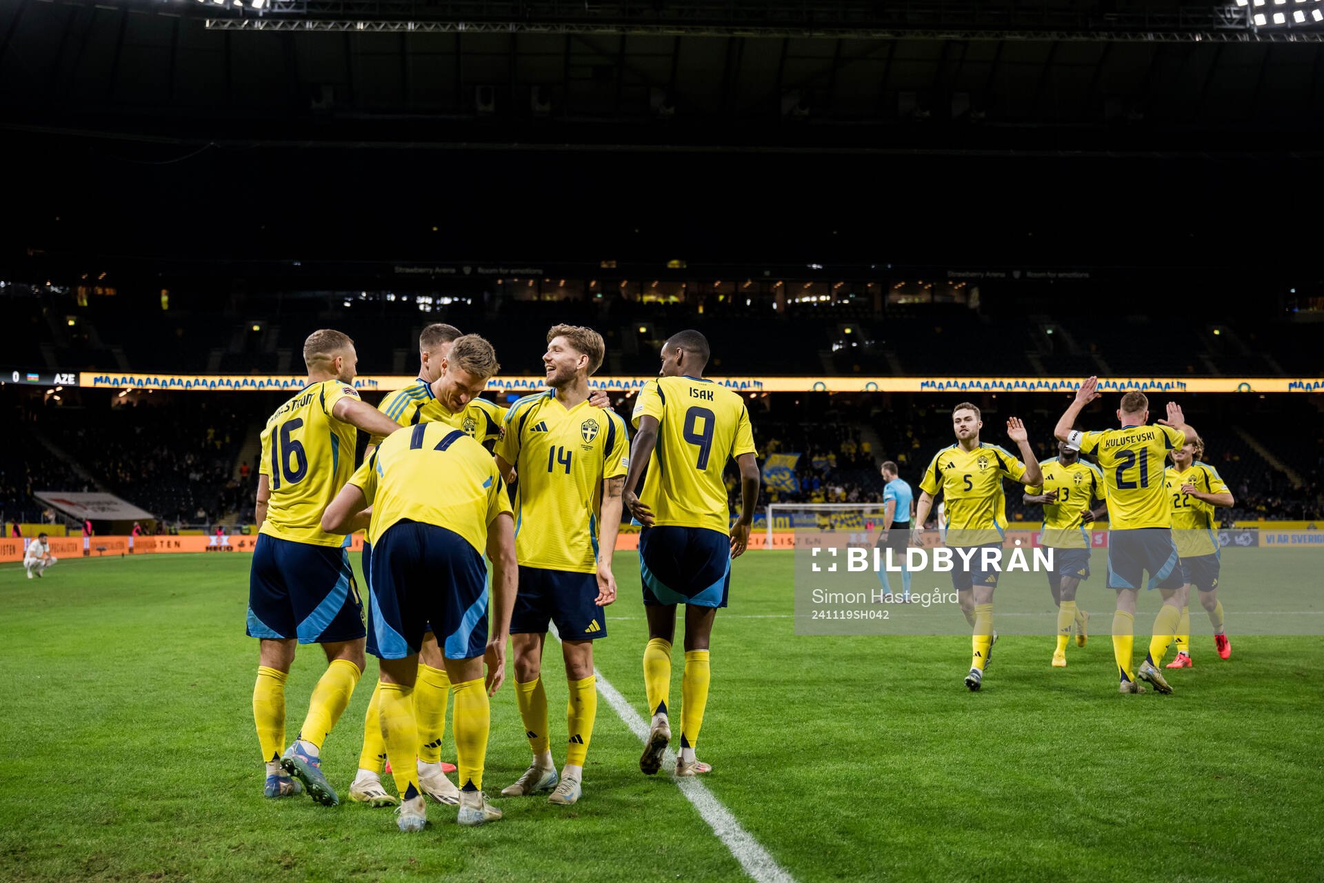 Viktor Gyökeres of Sweden celebrates with team mates