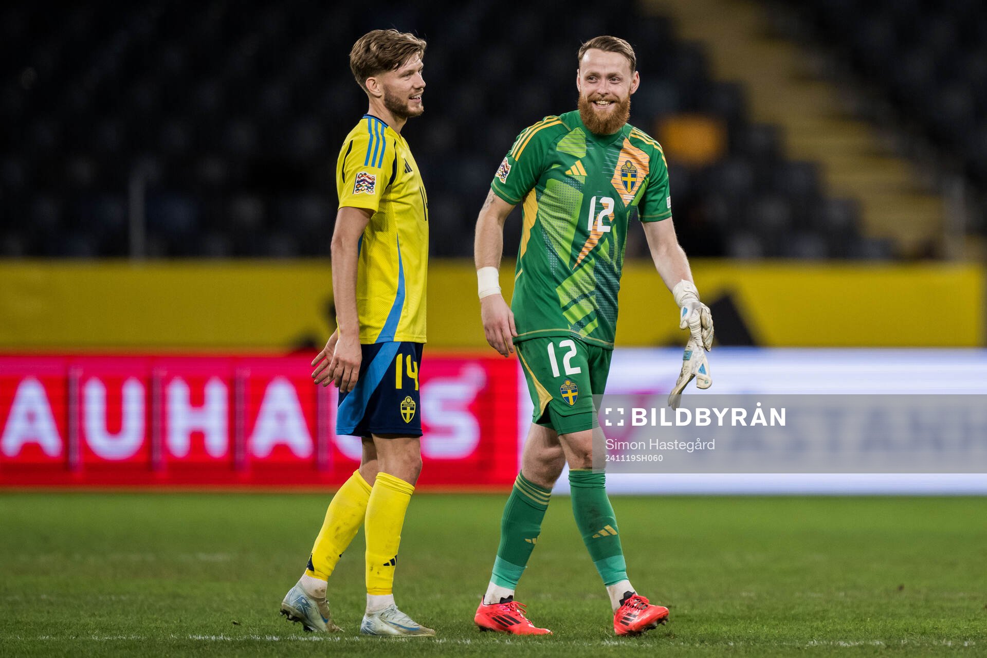 Anton Salétros and goalkeeper Viktor Johansson of Sweden