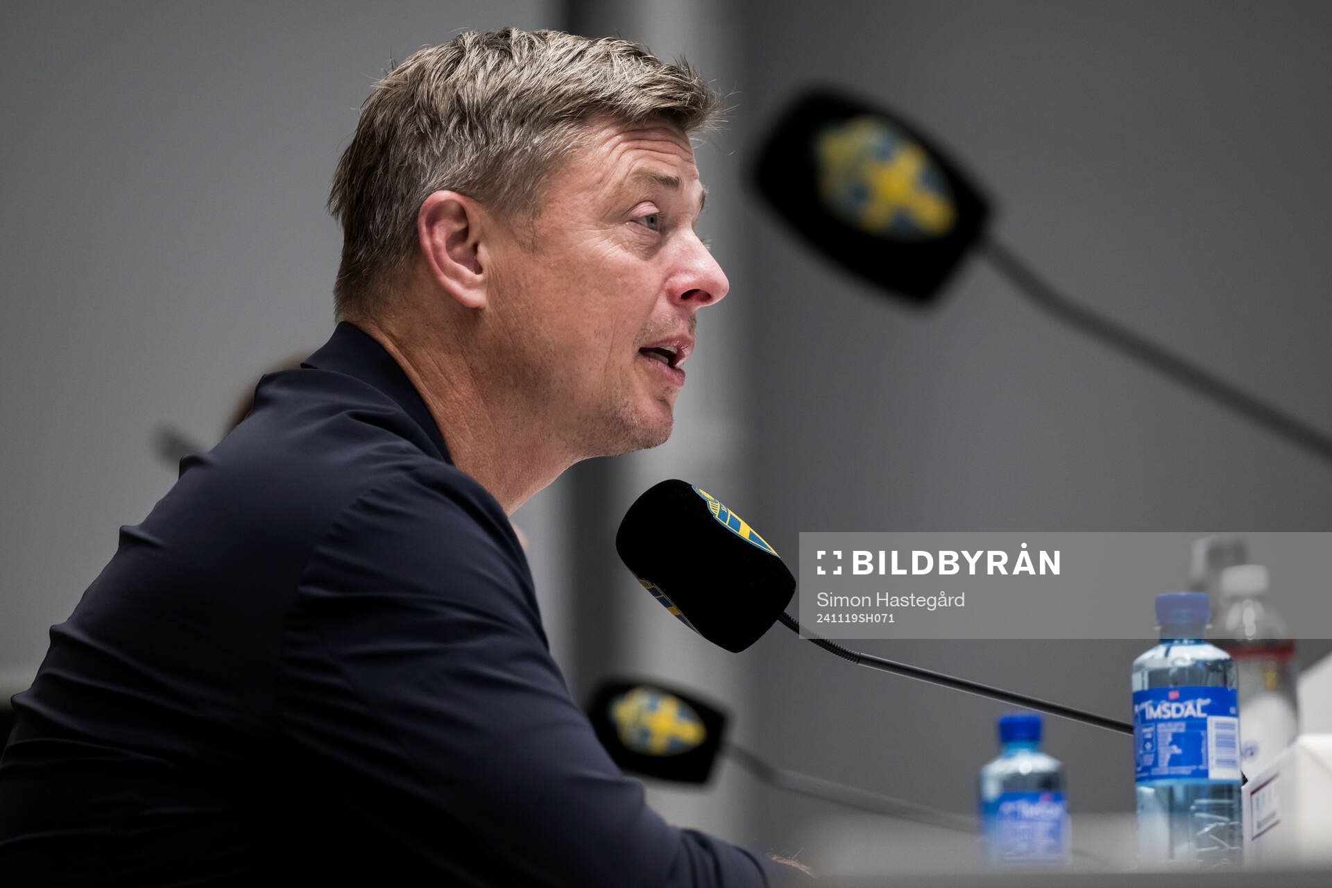 Head coach Jon Dahl Tomasson of Sweden during a press conference after the Nations League football match between Sweden and Azerbaijan on November 19, 2024 in Stockholm.