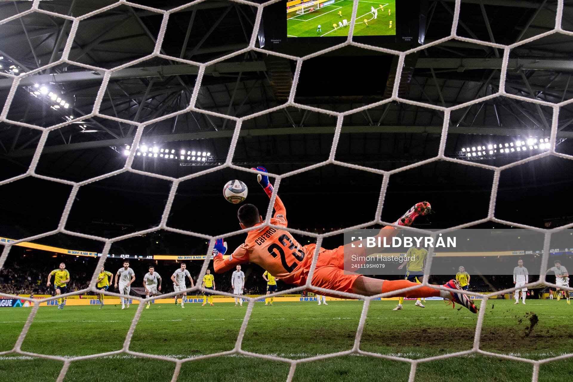 Goalkeeper Elvin Jafarguliyev of Azerbaijan saves a penalty