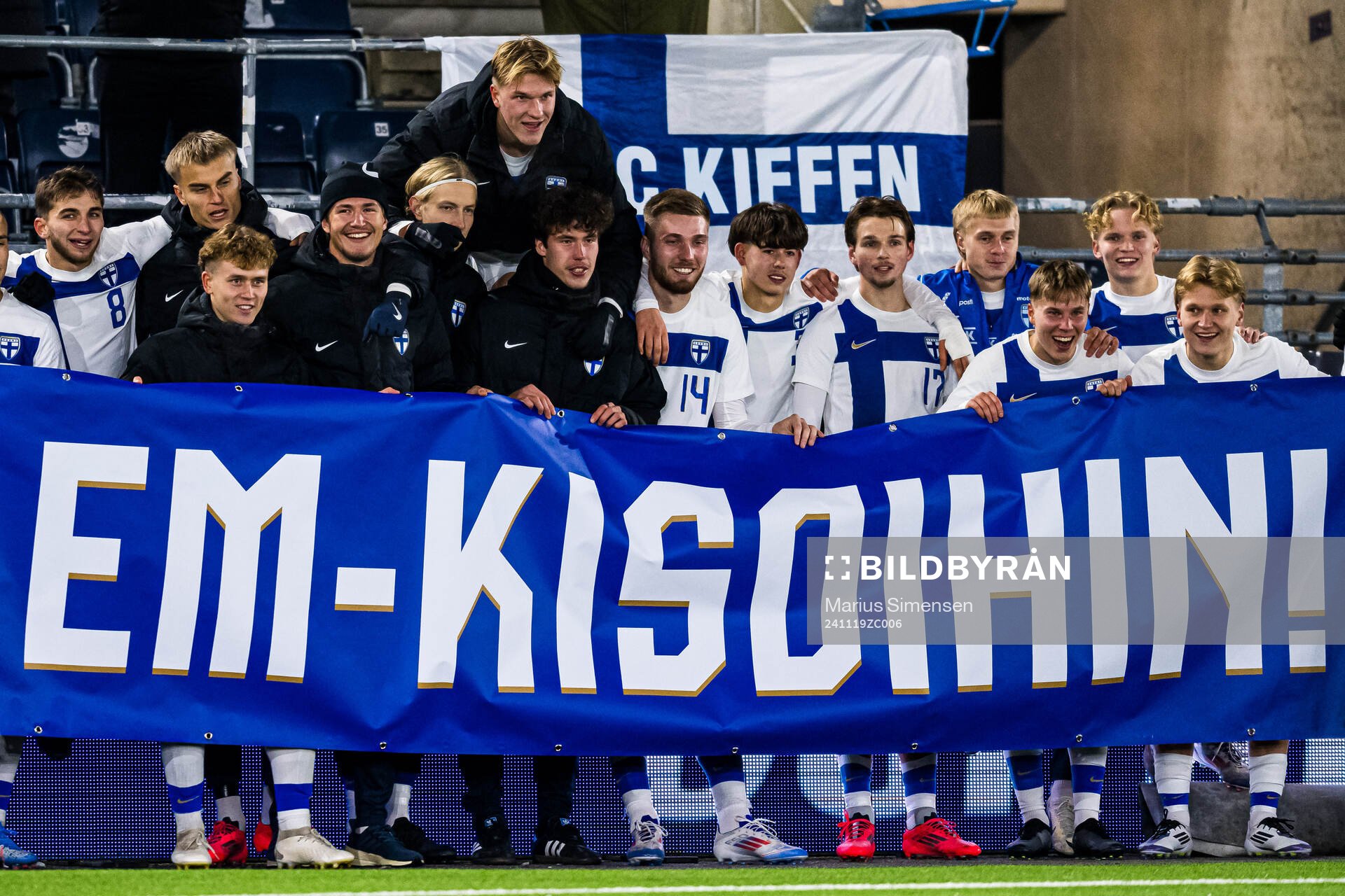 Adam Marhiev, Doni Arifi and Juho Talvitie of Finland celebrates after the UEFA European Under-21 Qualifier playoff football match between Norway and Finland on November 19, 2024 in Stavanger. 