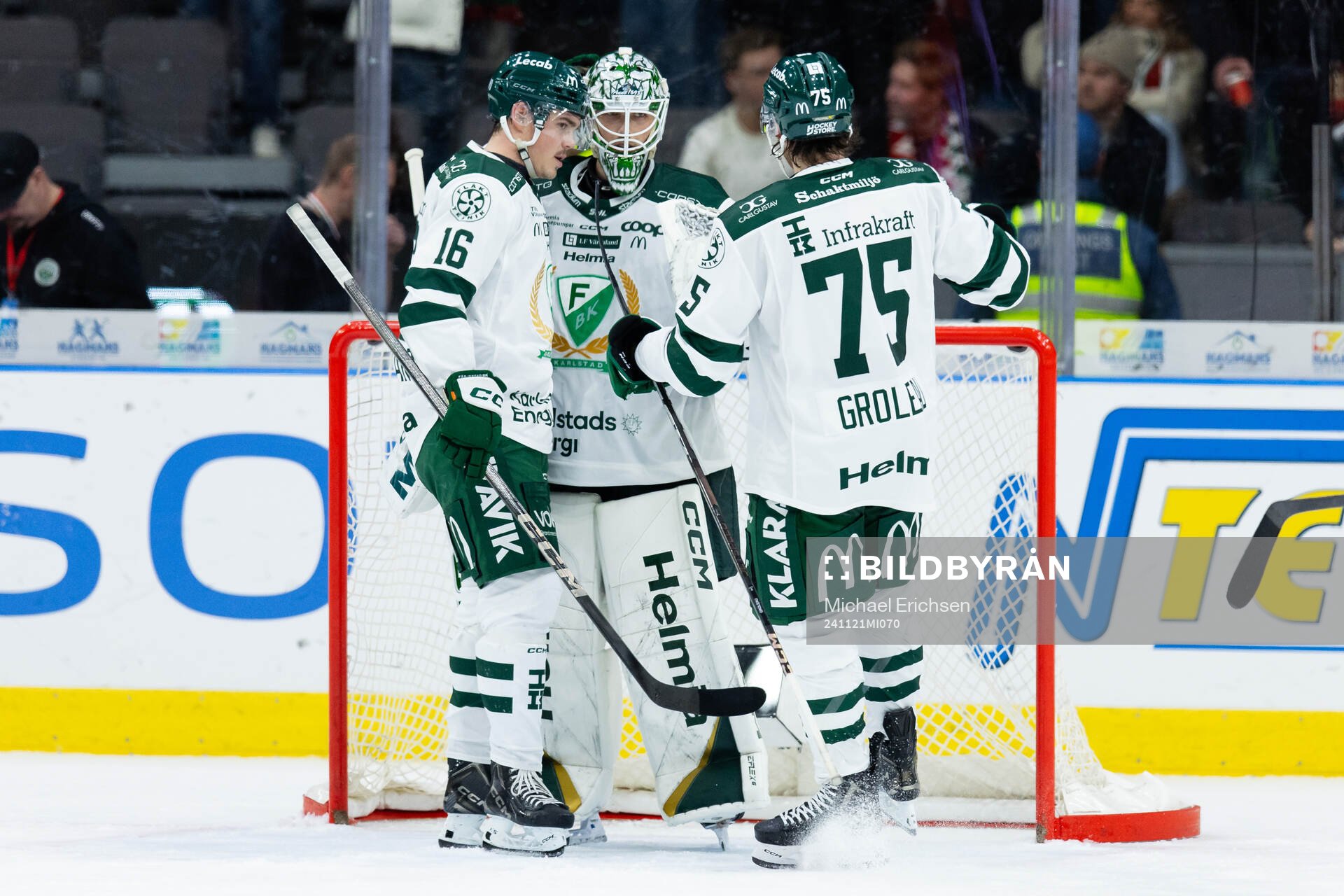 Färjestads Alexander Ljungkrantz, målvakt Maxime Lagacé