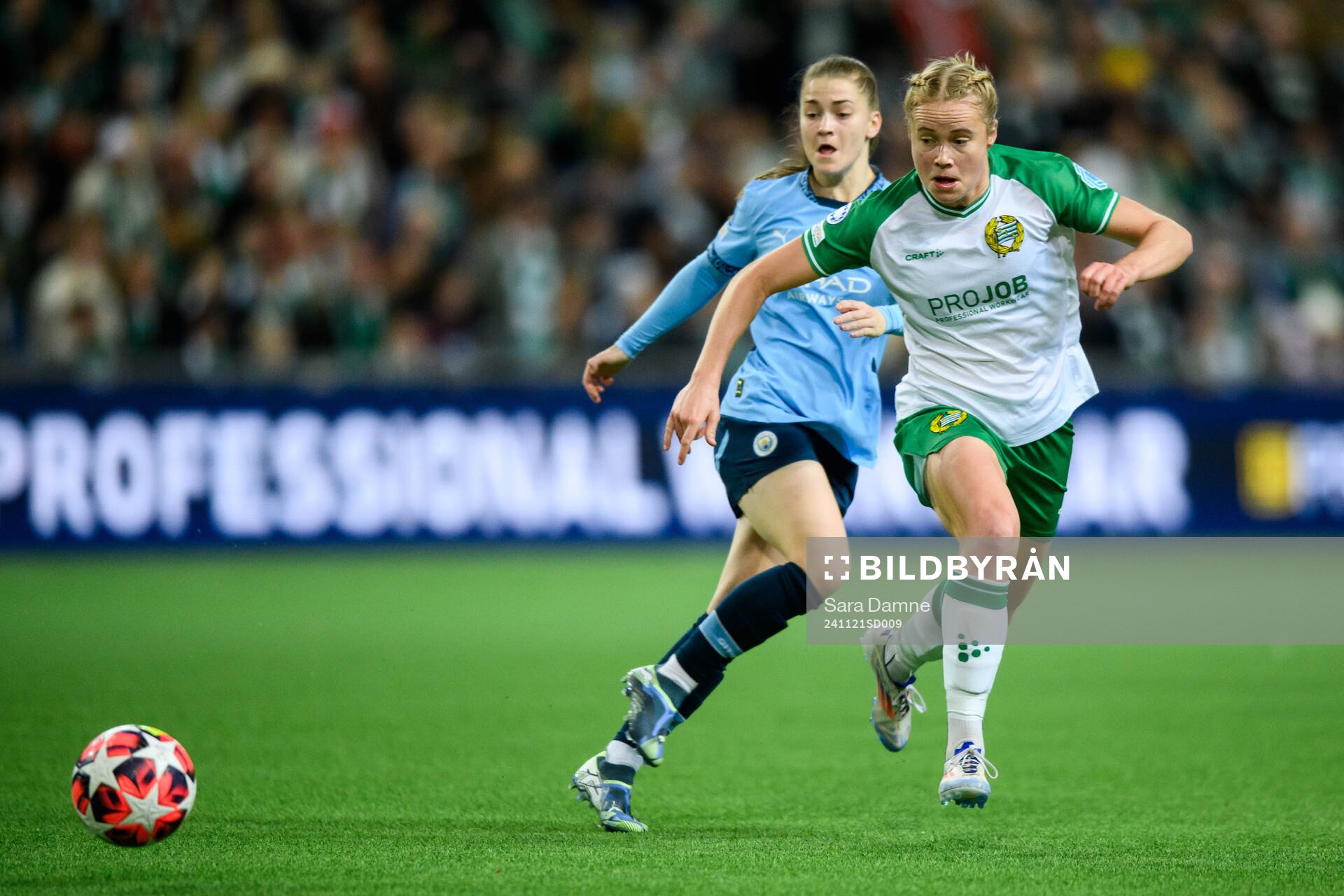 Jessica Park of Manchester City and Julie Blakstad of Hammarby during the Women's Champions League football match between Hammarby and Manchester City on November 21, 2024 in Stockholm.