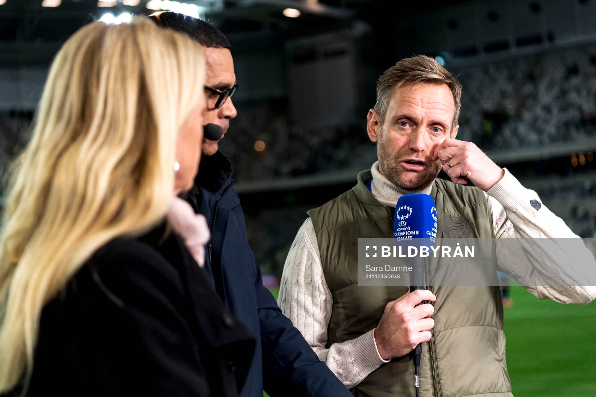 Head coach Martin Sjögren of Hammarby is being interviewed after the Women's Champions League football match between Hammarby and Manchester City on November 21, 2024 in Stockholm.