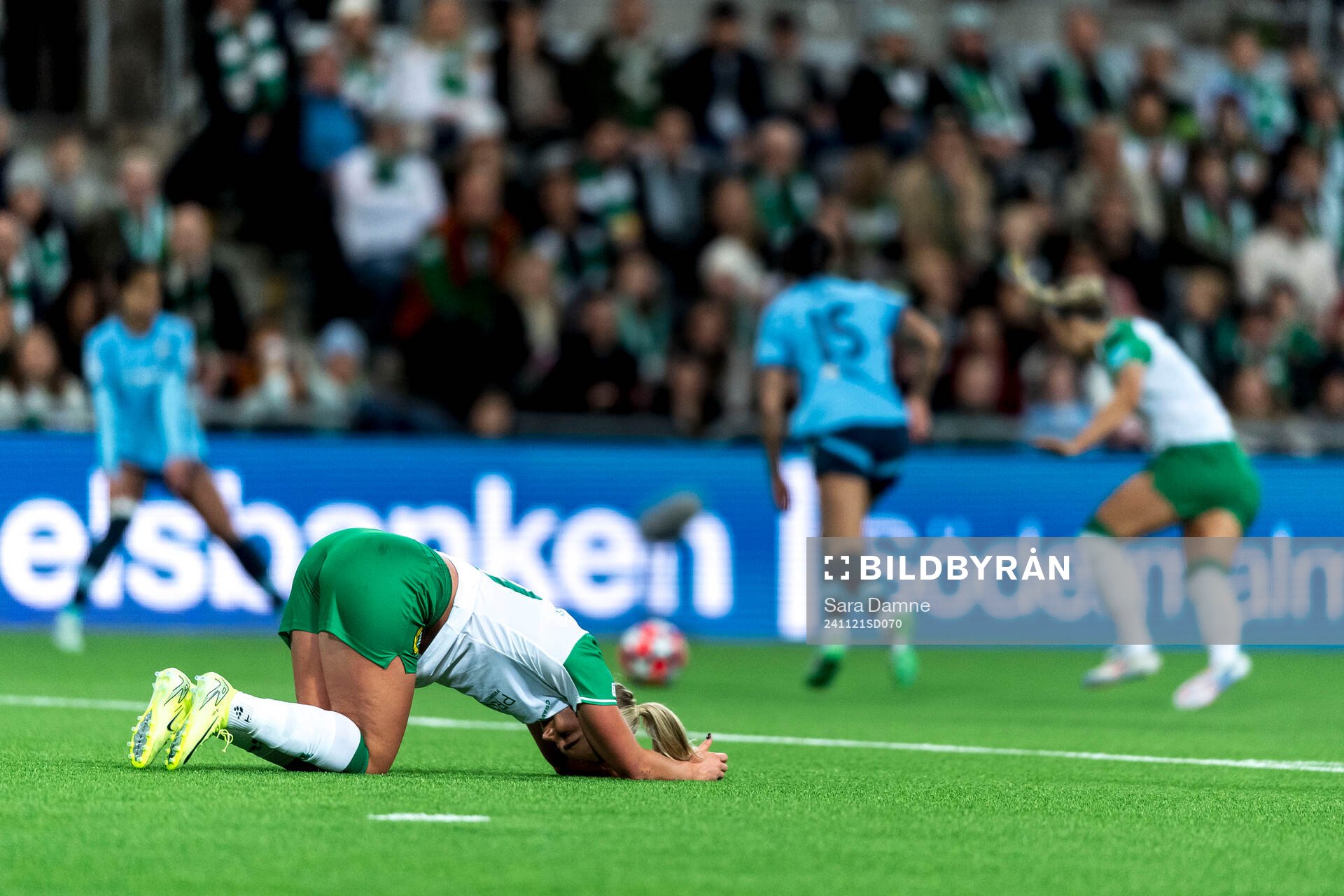 Cathinka Tandberg of Hammarby is in pain during the Women's Champions League football match between Hammarby and Manchester City on November 21, 2024 in Stockholm.