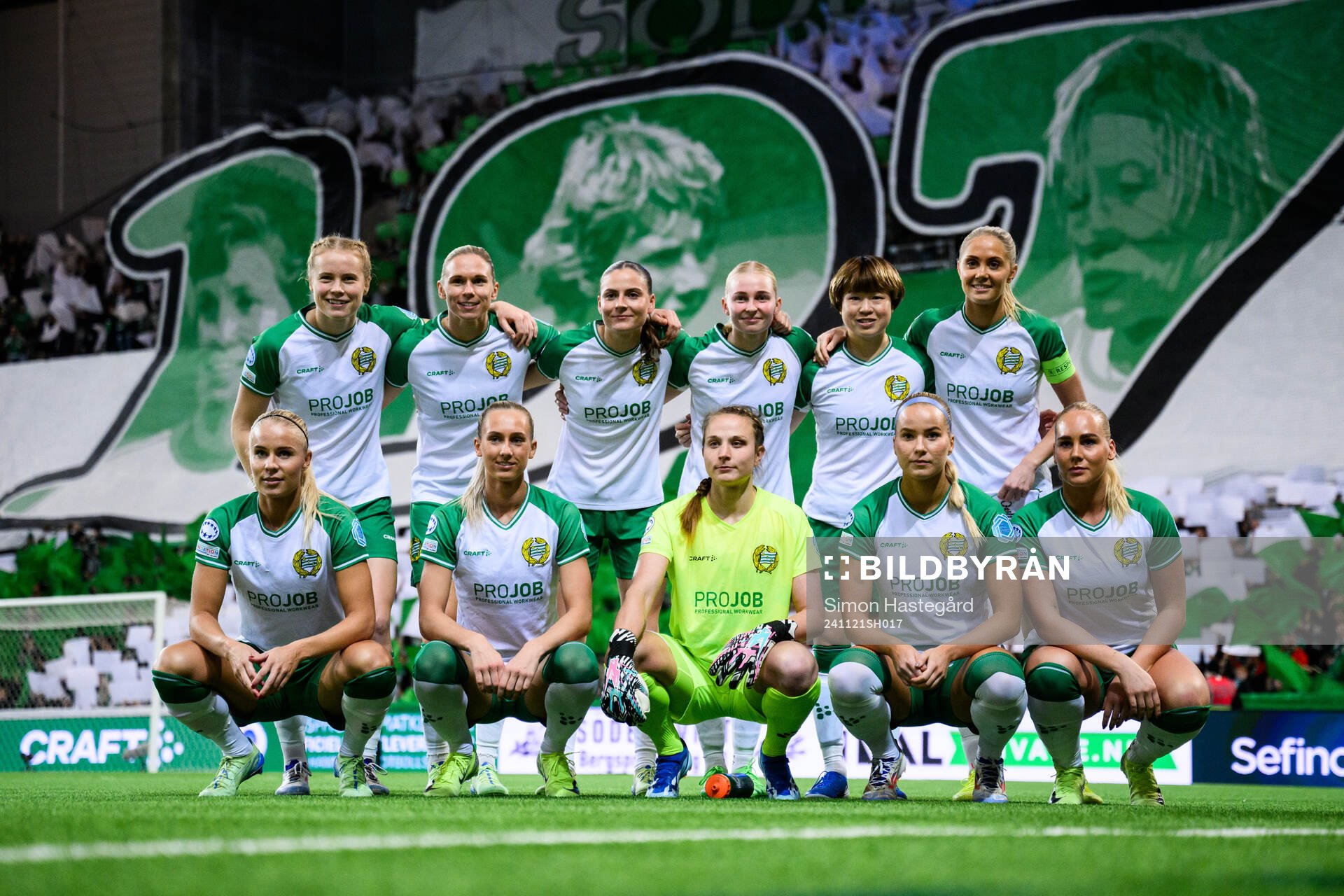 The starting eleven of Hammarby during the Women's Champions League football match between Hammarby and Manchester City on November 21, 2024 in Stockholm.