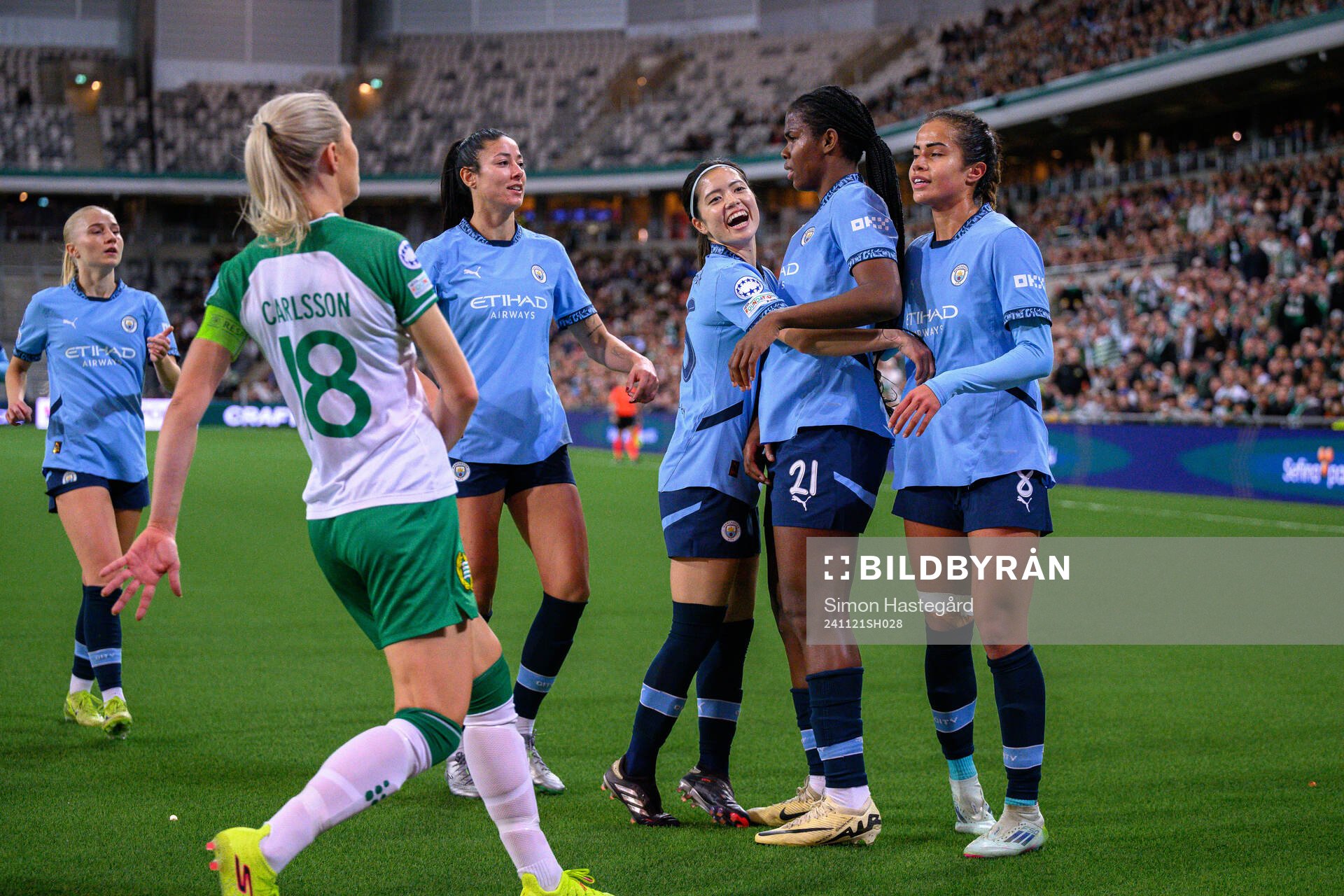 Leila Ouahabi , Yui Hasegawa and Khadija Shaw of Manchester City celebrate the 0-1 goal during the Women's Champions League football match between Hammarby and Manchester City on November 21, 2024 in Stockholm.