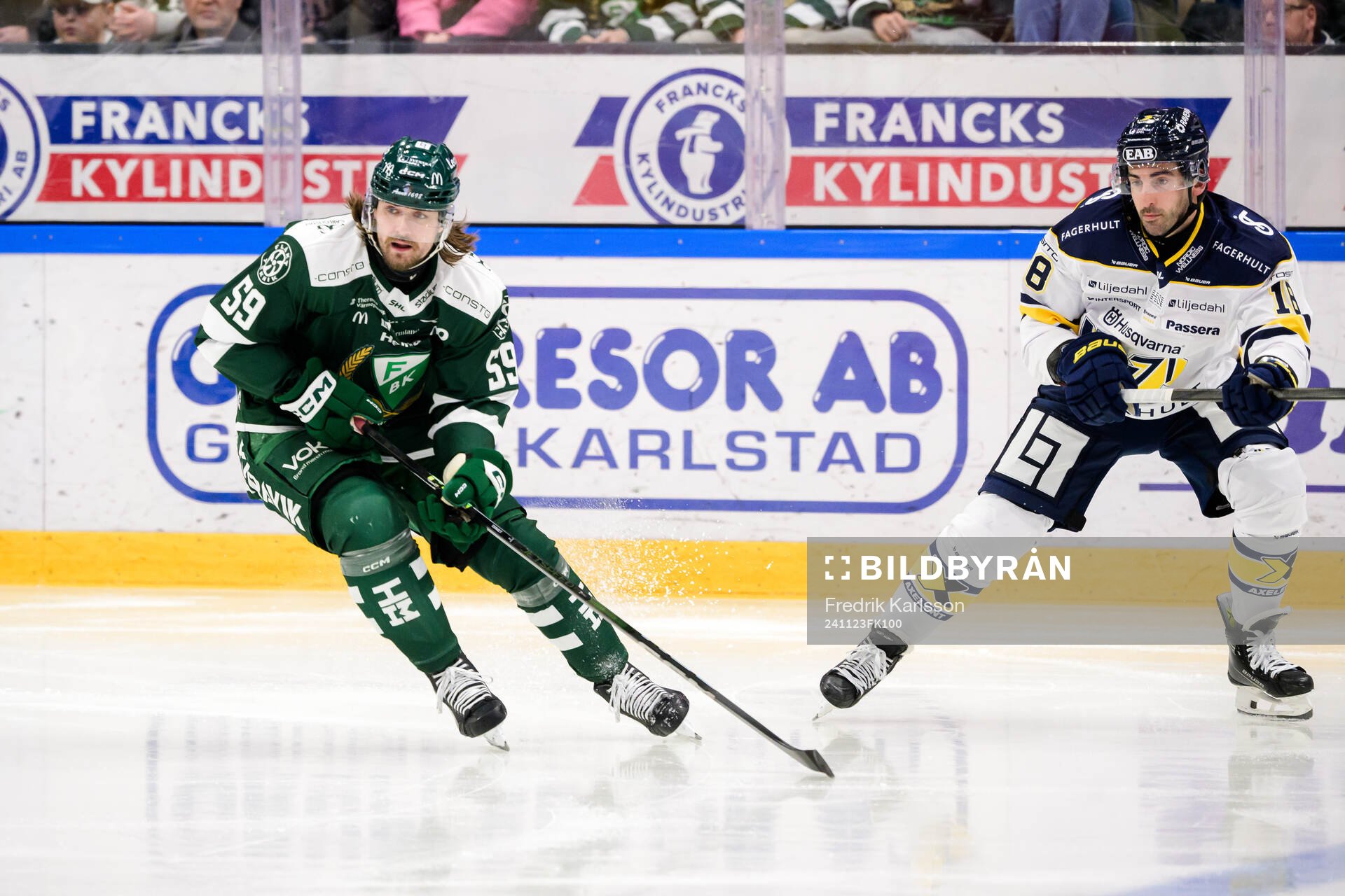Färjestads Linus Johansson och HV71s Joseph Laleggia