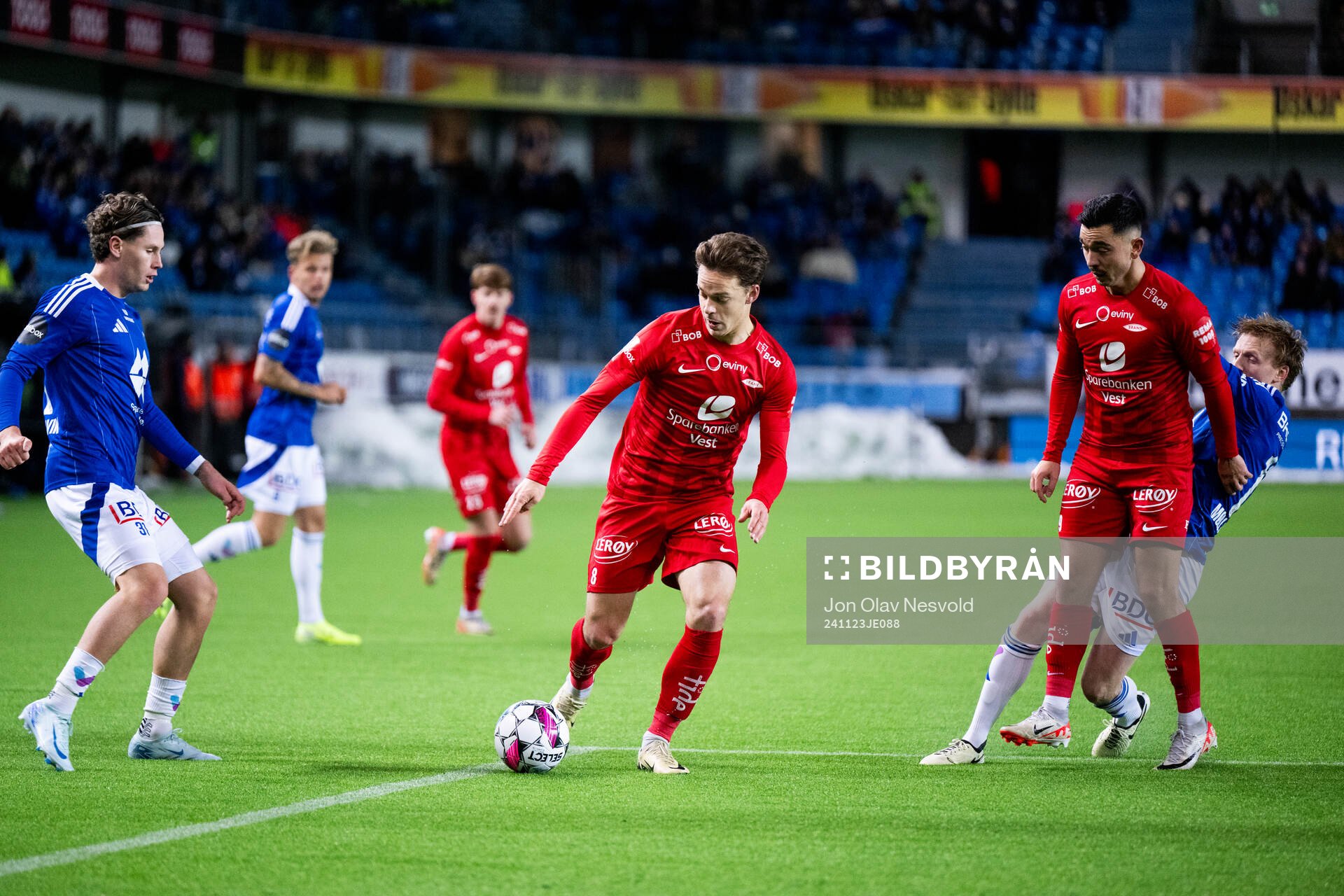 Mathias Fjørtoft Løvik of Molde, Felix Horn Myhre of Brann and Niklas Castro of Brann during the Eliteserien match between Molde and Brann on November 23, 2024 in Molde.