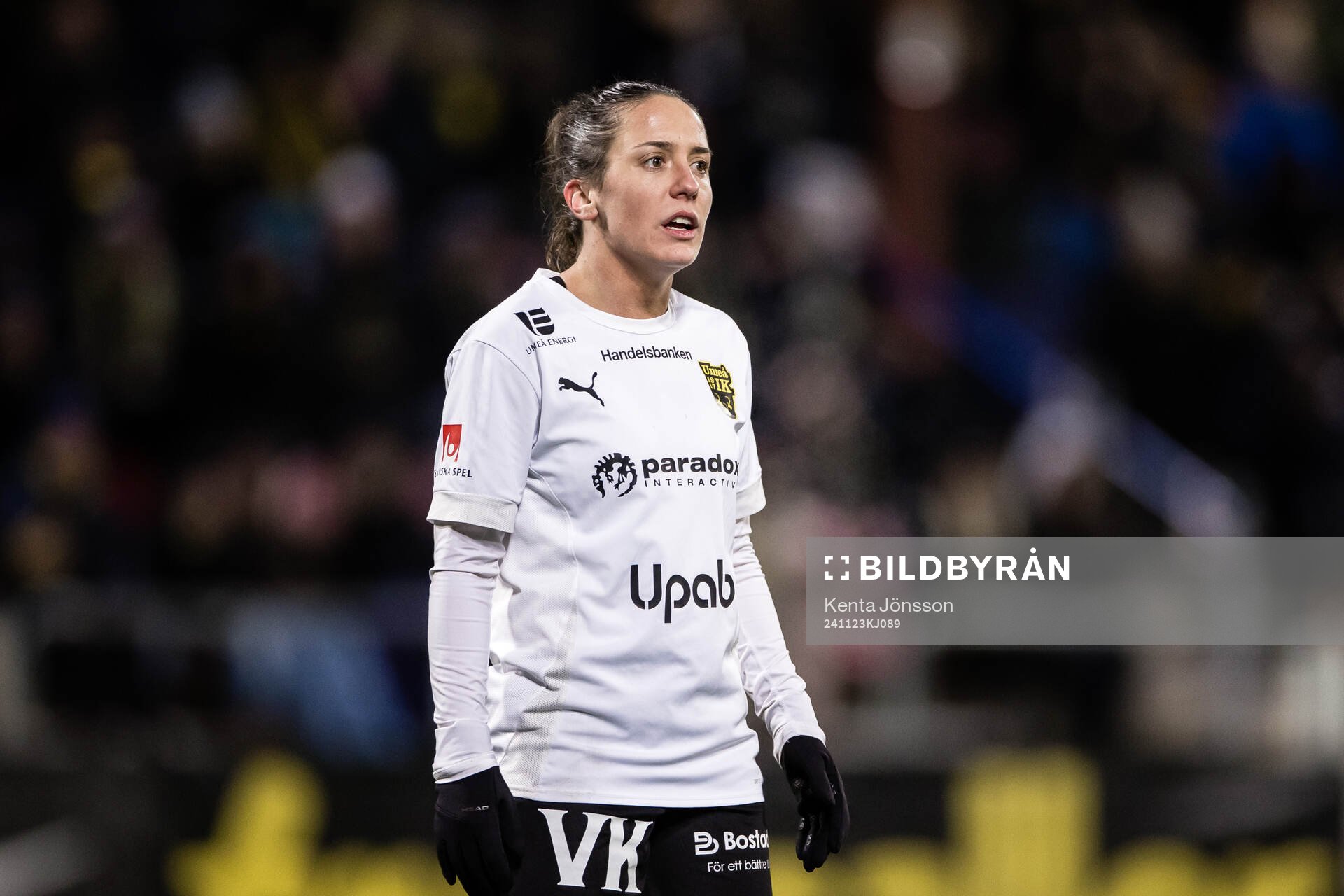 Umeås Alma Nygren under fotbollsmatchen i kvalet till Damallsvenskan mellan AIK och Umeå den 23 november 2024 i Stockholm. 