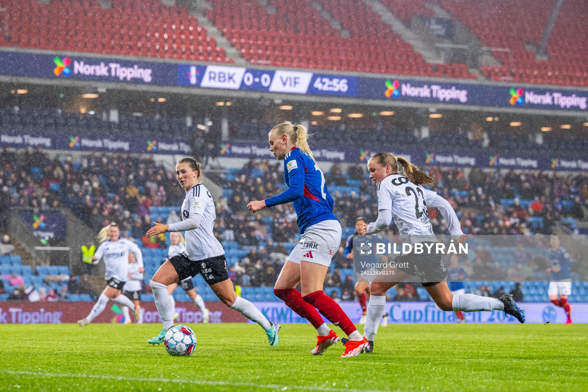 Matilde Alsaker Rogde of Rosenborg, Karina Sævik of Vålerenga and Karna Sæther Sødahl of Rosenborg during the women’s football cup final match between Rosenborg and Vålerenga on November 24, 2024 in Oslo. 