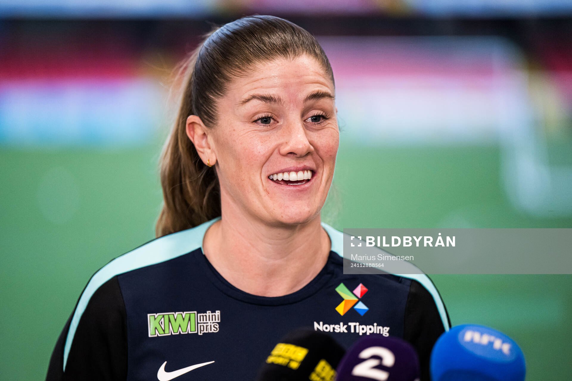 Maren Mjelde of the Norwegian women's national football team during a press conference on November 28, 2024 in Larne.