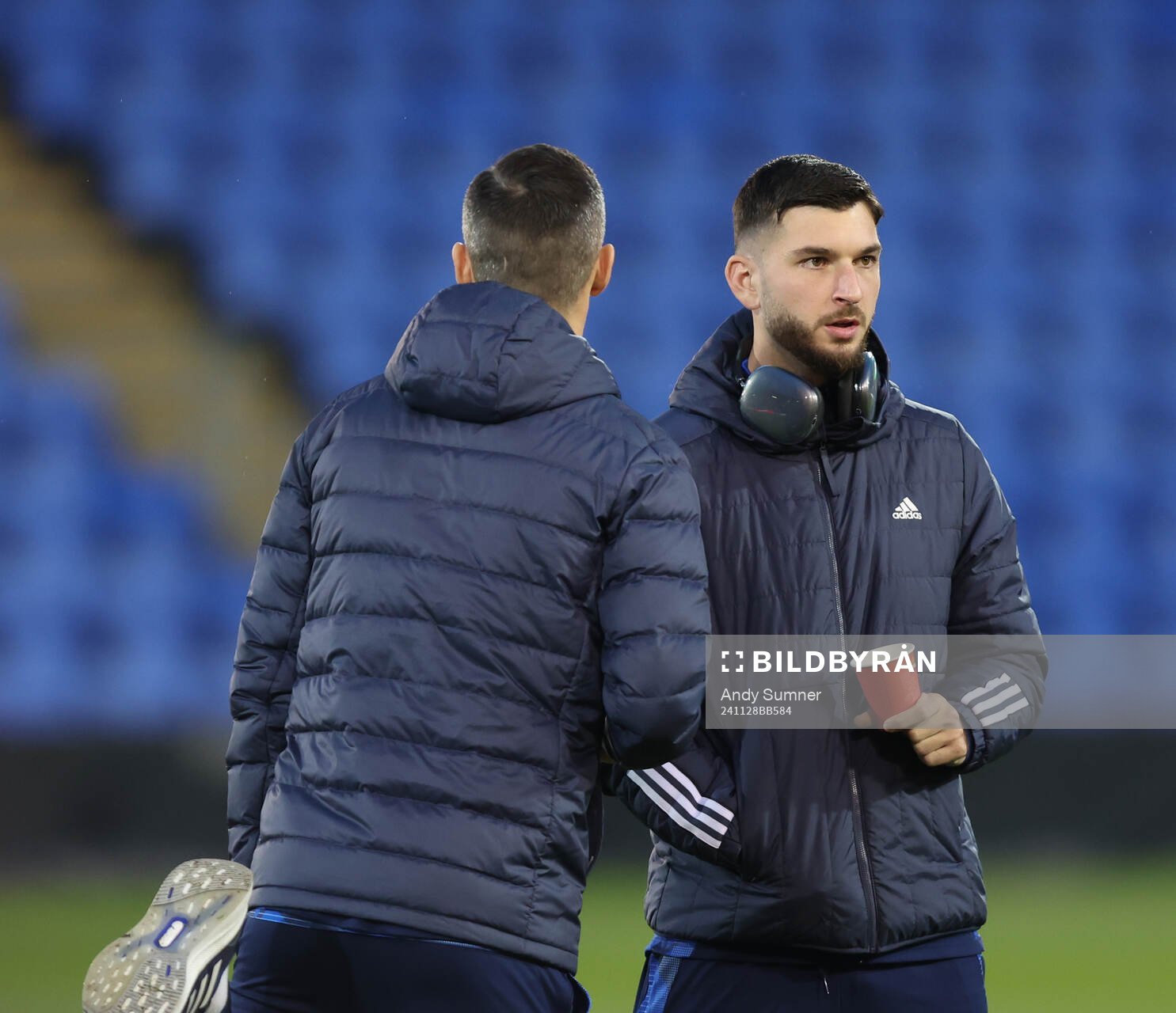 Players of Djurgården inspect the pitch before the Conference League football match between The New Saints and Djurgården on November 28, 2024 in Shrewsbury.