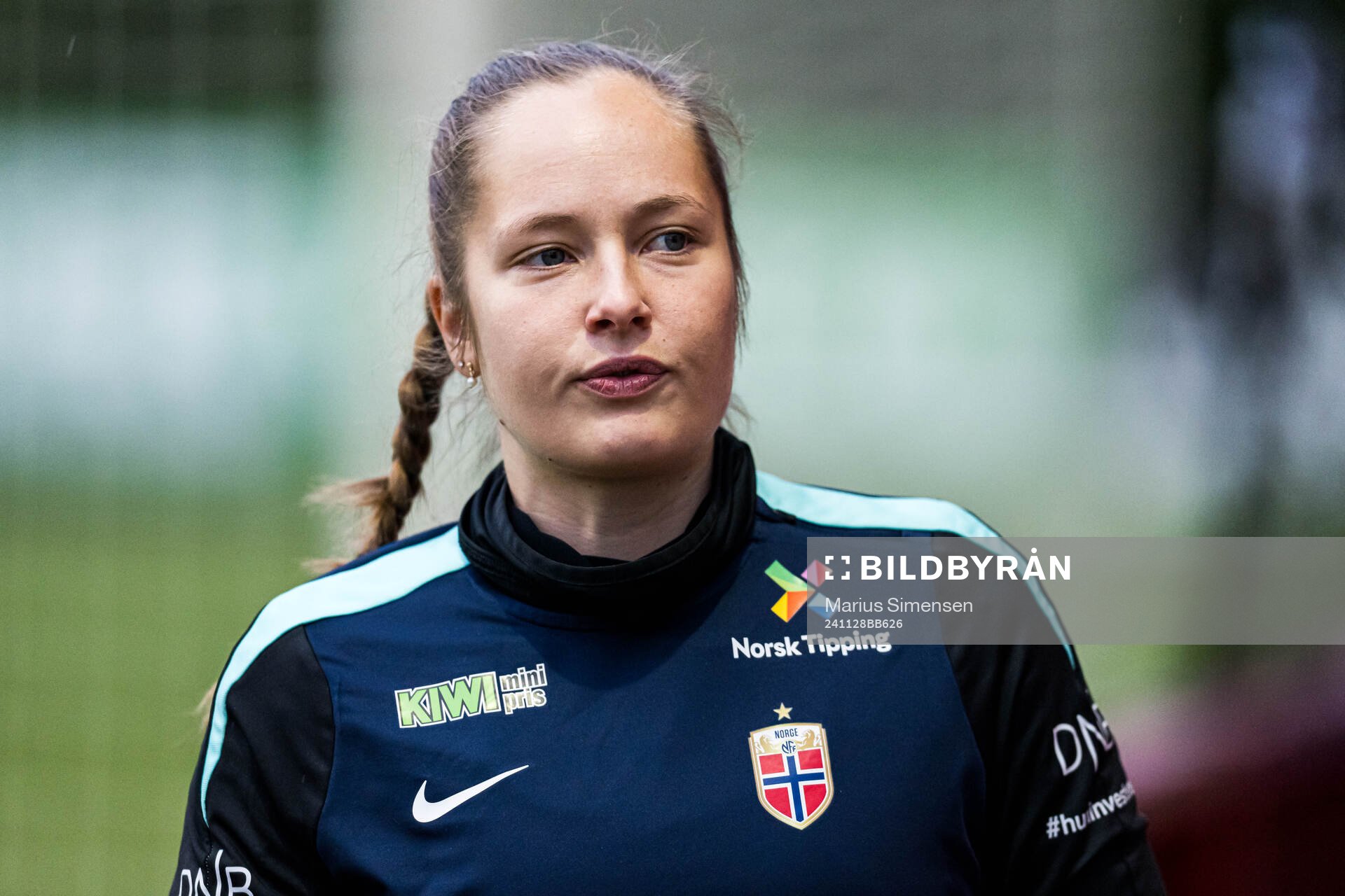 Aurora Mikalsen of the Norwegian women's national football team during a training session on November 28, 2024 in Larne.