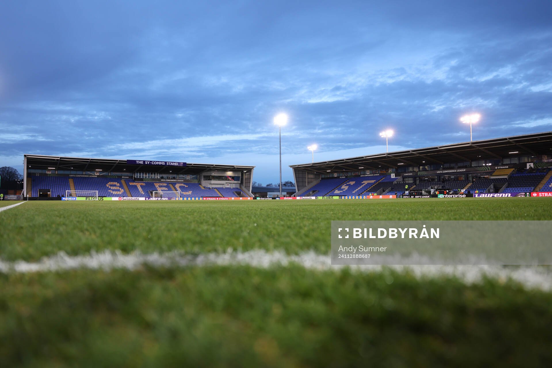 General view inside The Croud Meadow stadium before the Conference League football match between The New Saints and Djurgården on November 28, 2024 in Shrewsbury.