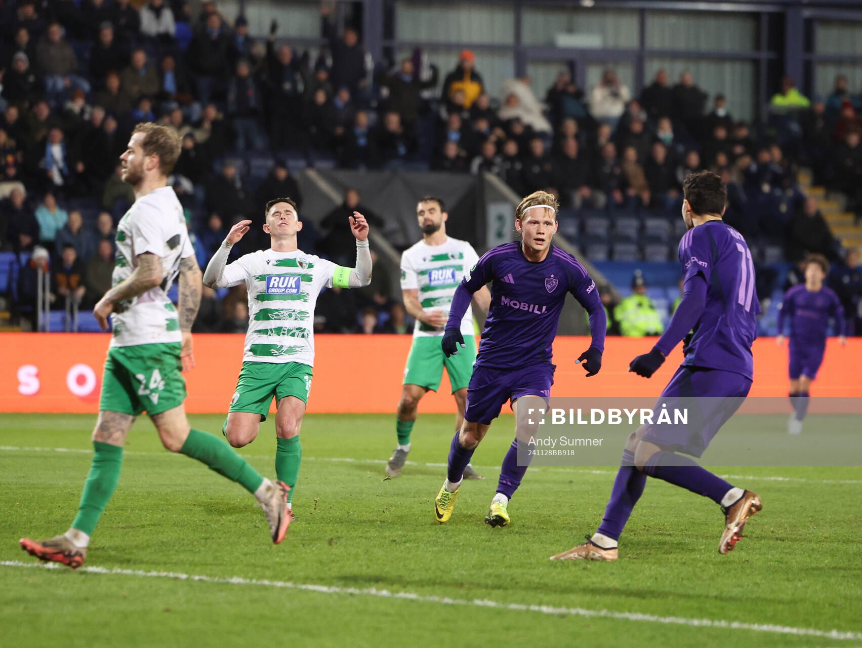 Tobias Gulliksen of Djurgården celebrates after scoring the 0-1 goal during the Conference League football match between The New Saints and Djurgården on November 28, 2024 in Shrewsbury.