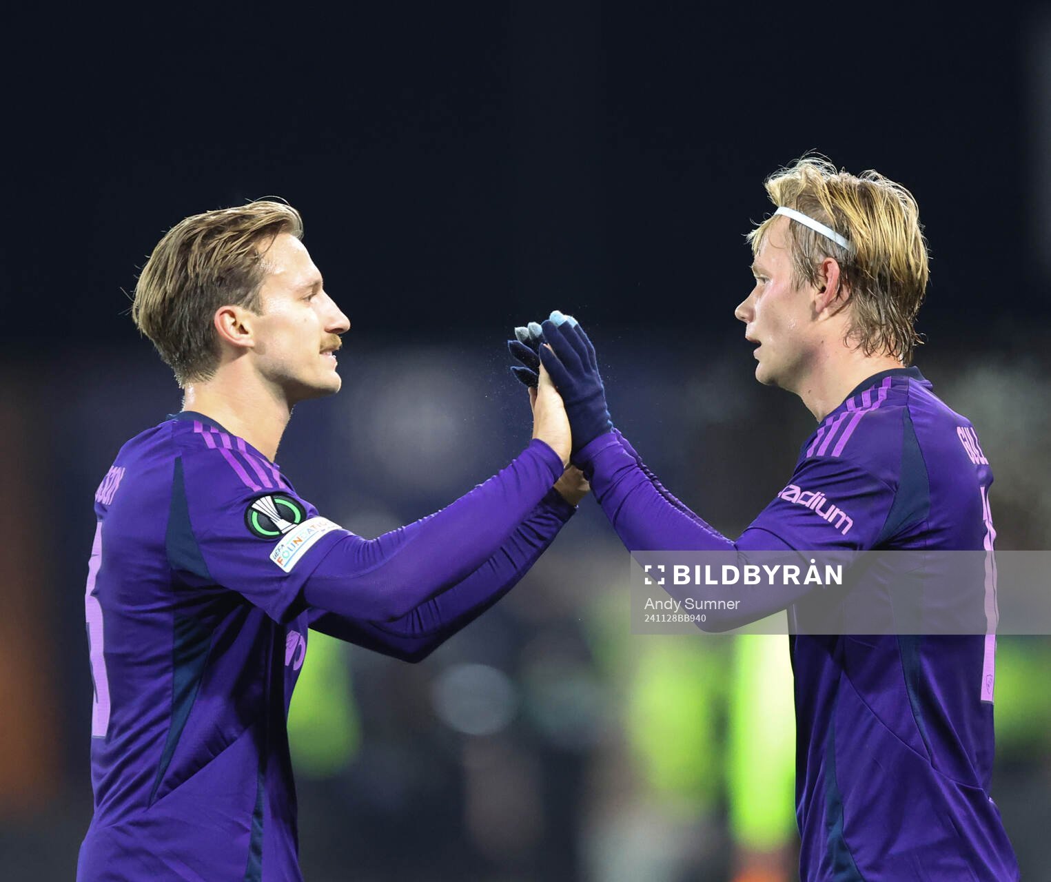 Tobias Gulliksen of Djurgården celebrate with Daniel Stensson after scoring the 0-1 goal during the Conference League football match between The New Saints and Djurgården on November 28, 2024 in Shrewsbury.