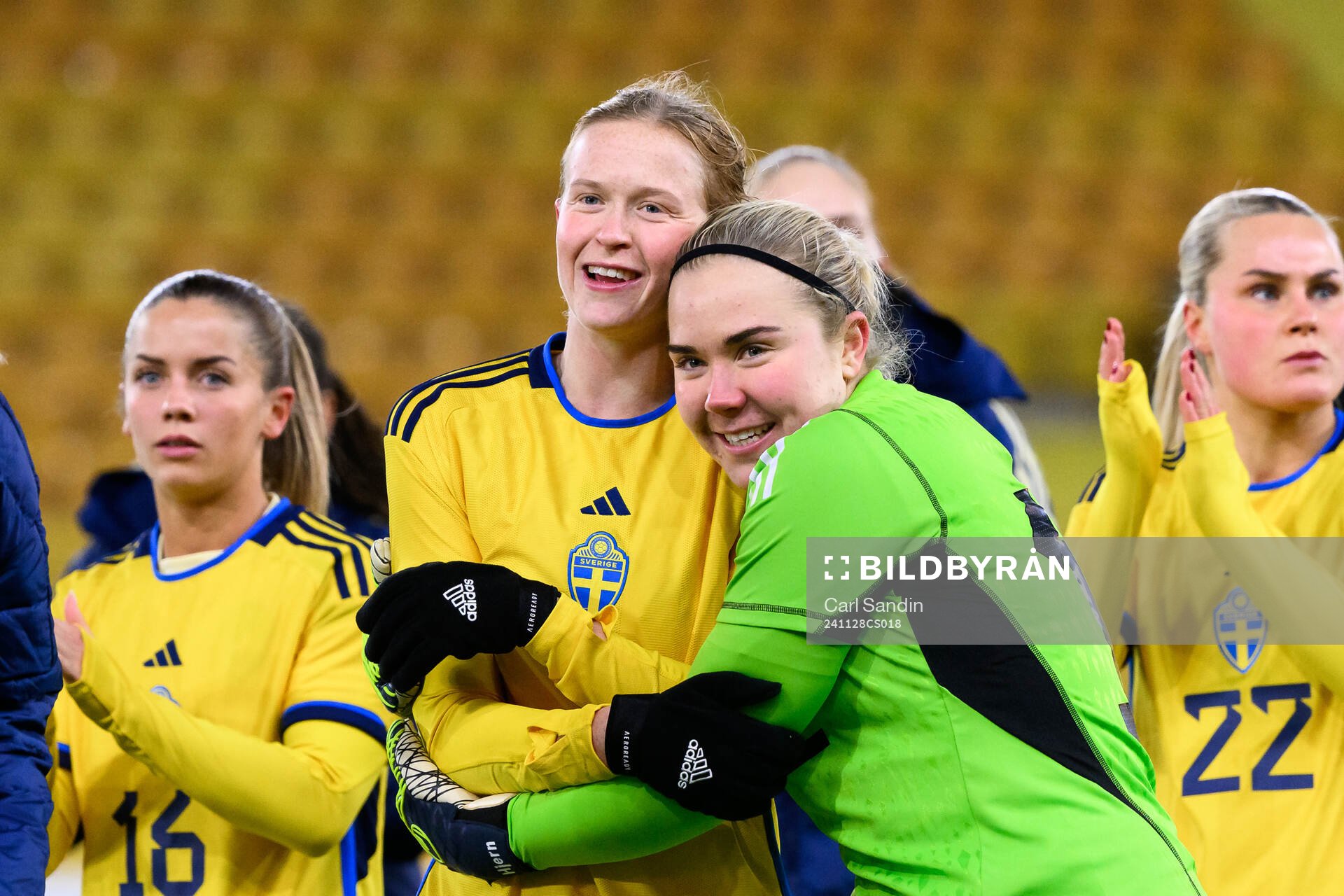 Emma Östlund and goalkeeper Sofia Hjern of Sweden celebrate