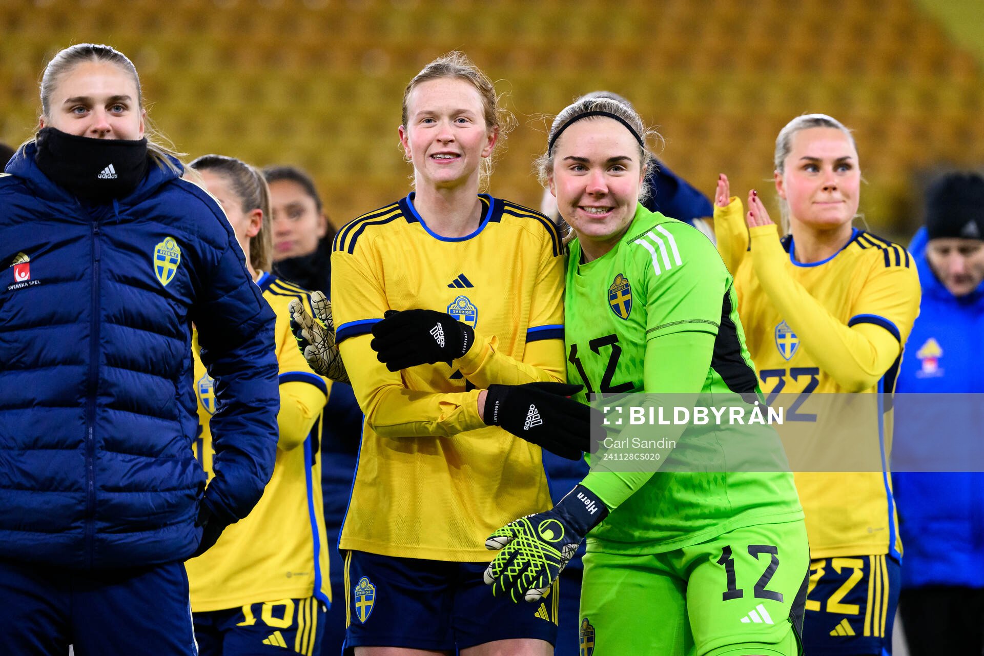 Emma Östlund and goalkeeper Sofia Hjern of Sweden celebrate