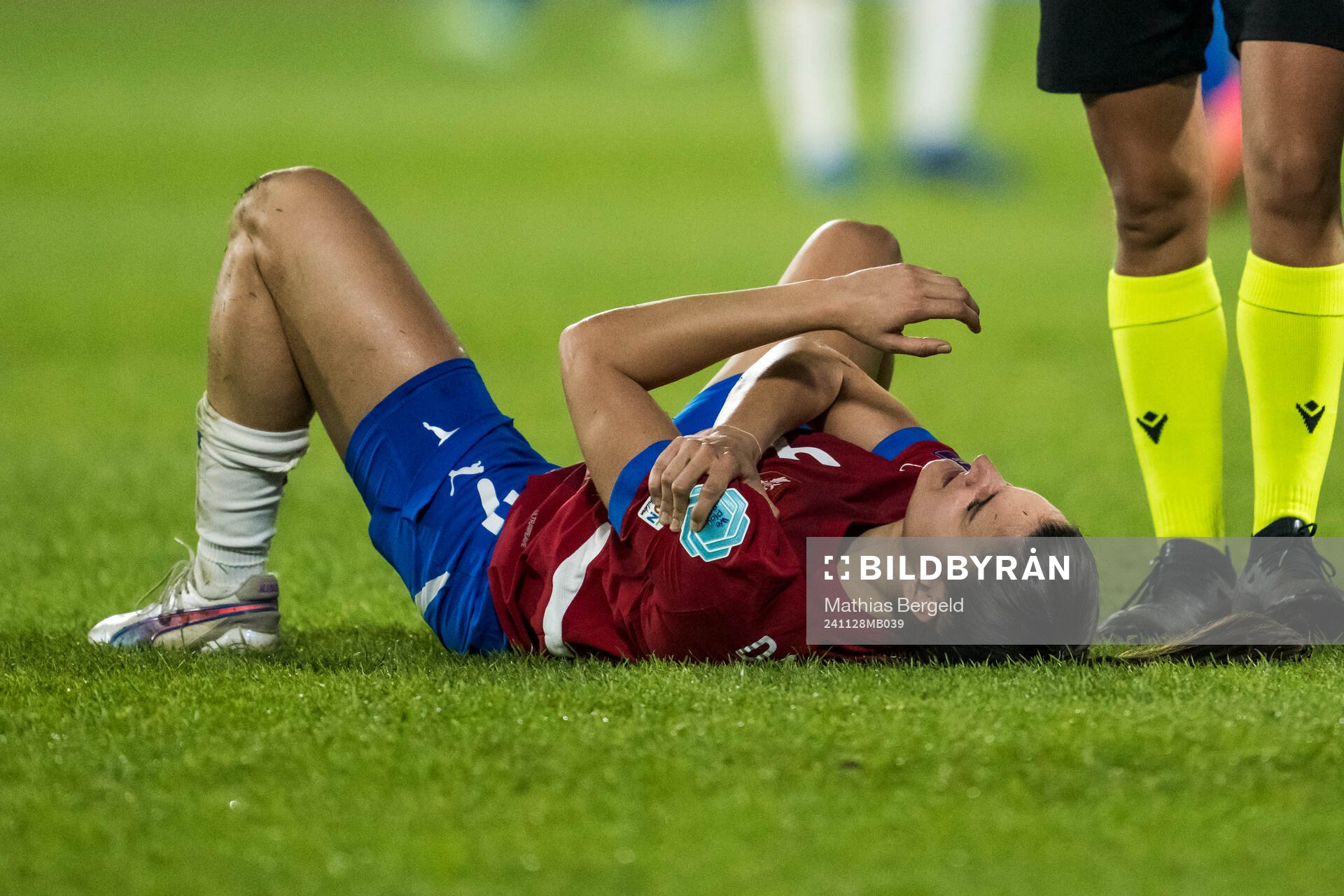 Tyla Jay Vlanjic of Serbia in pain during the UEFA Women's Euro Qualifier second round play-off football match between Serbia and Sweden on November 28, 2024 in Leskovac.