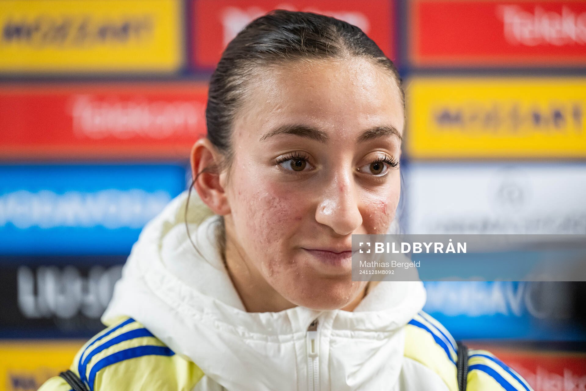 Rusul Rosa Kafaji is interviewed after the UEFA Women's Euro Qualifier second round play-off football match between Serbia and Sweden on November 28, 2024 in Leskovac.