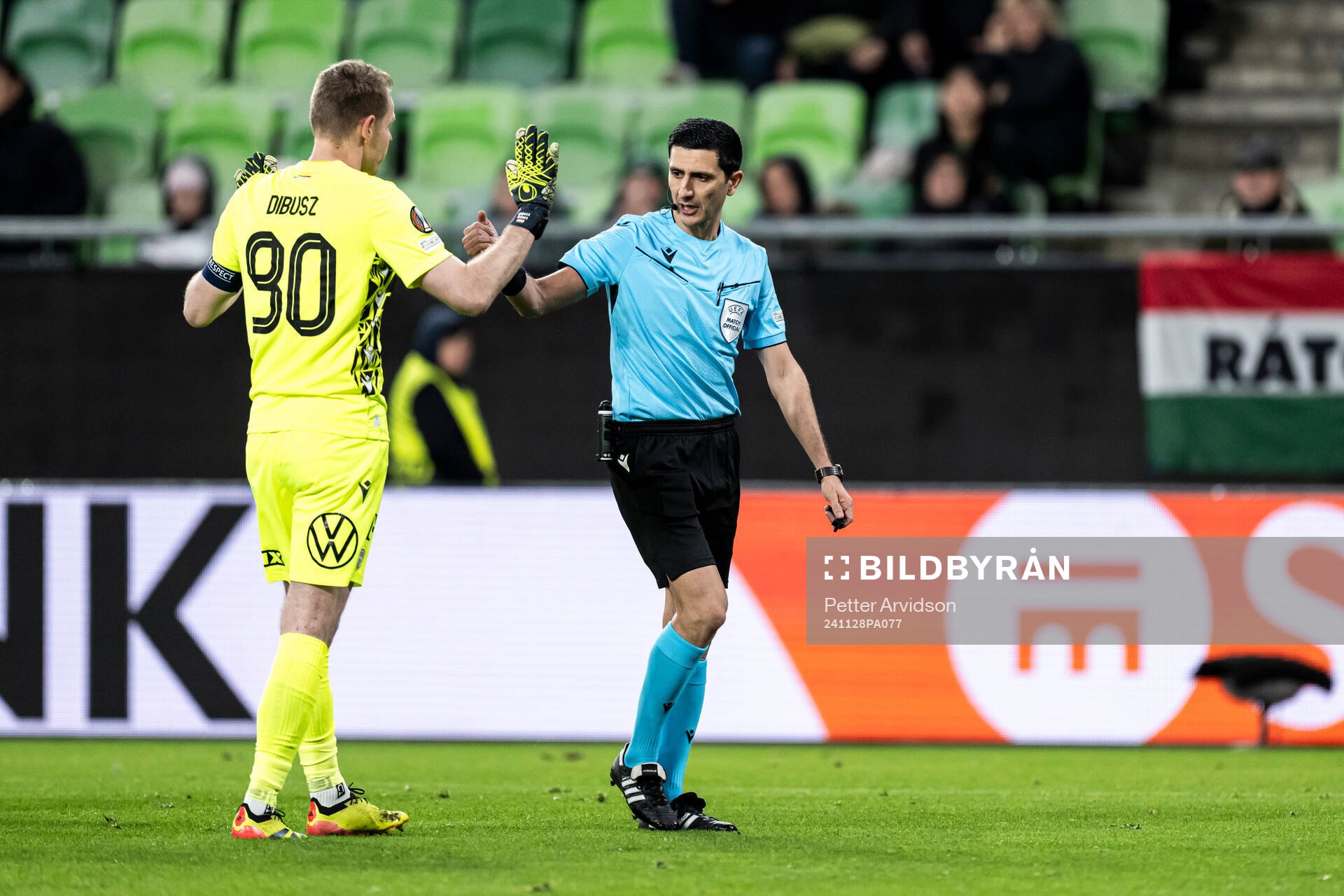 Referee Aliyar Aghayev during the UEFA Europa League football match between Ferencvaros and Malmö FF on November 28, 2024 in Budapest.