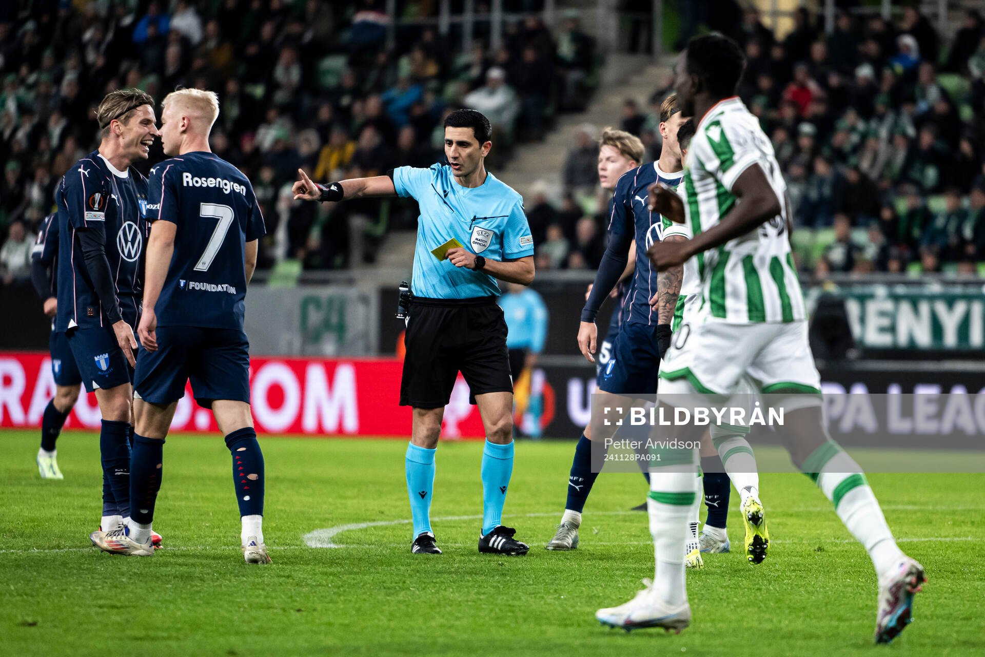 Referee Aliyar Aghayev during the UEFA Europa League football match between Ferencvaros and Malmö FF on November 28, 2024 in Budapest.