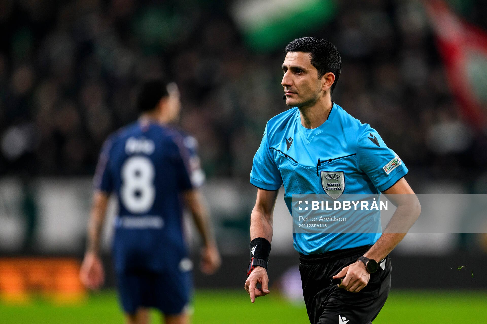 Referee Aliyar Aghayev during the UEFA Europa League football match between Ferencvaros and Malmö FF on November 28, 2024 in Budapest.