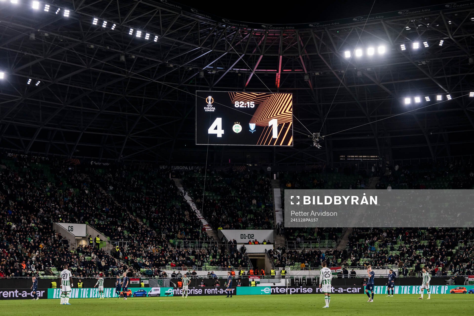 The scoreboard uring the UEFA Europa League football match between Ferencvaros and Malmö FF on November 28, 2024 in Budapest.