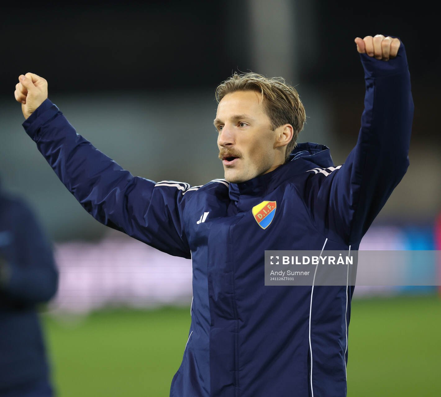 Daniel Stensson of Djurgården celebrates after the Conference League football match between The New Saints and Djurgården on November 28, 2024 in Shrewsbury.