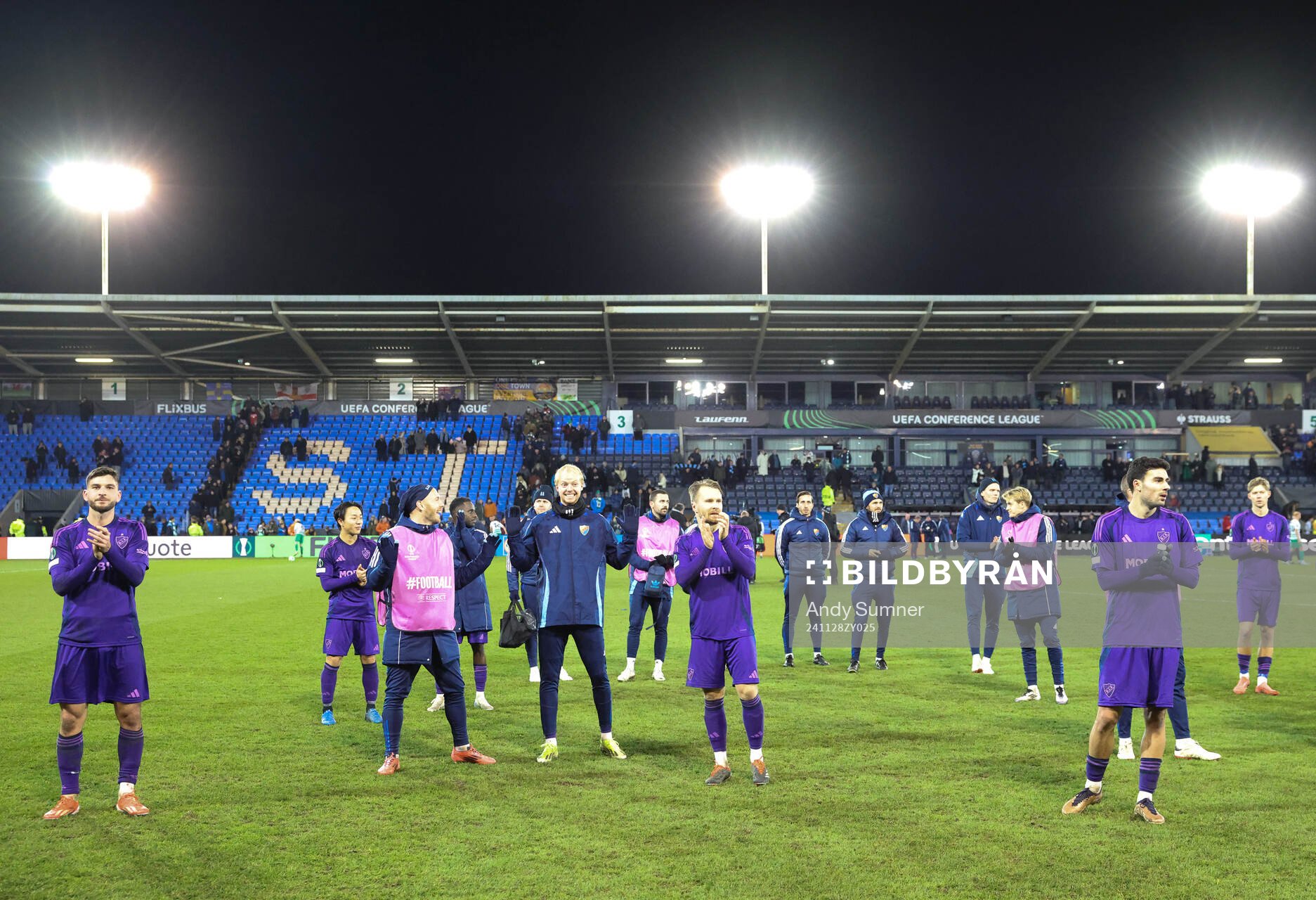 Players of Djurgården celebrate after the Conference League football match between The New Saints and Djurgården on November 28, 2024 in Shrewsbury.