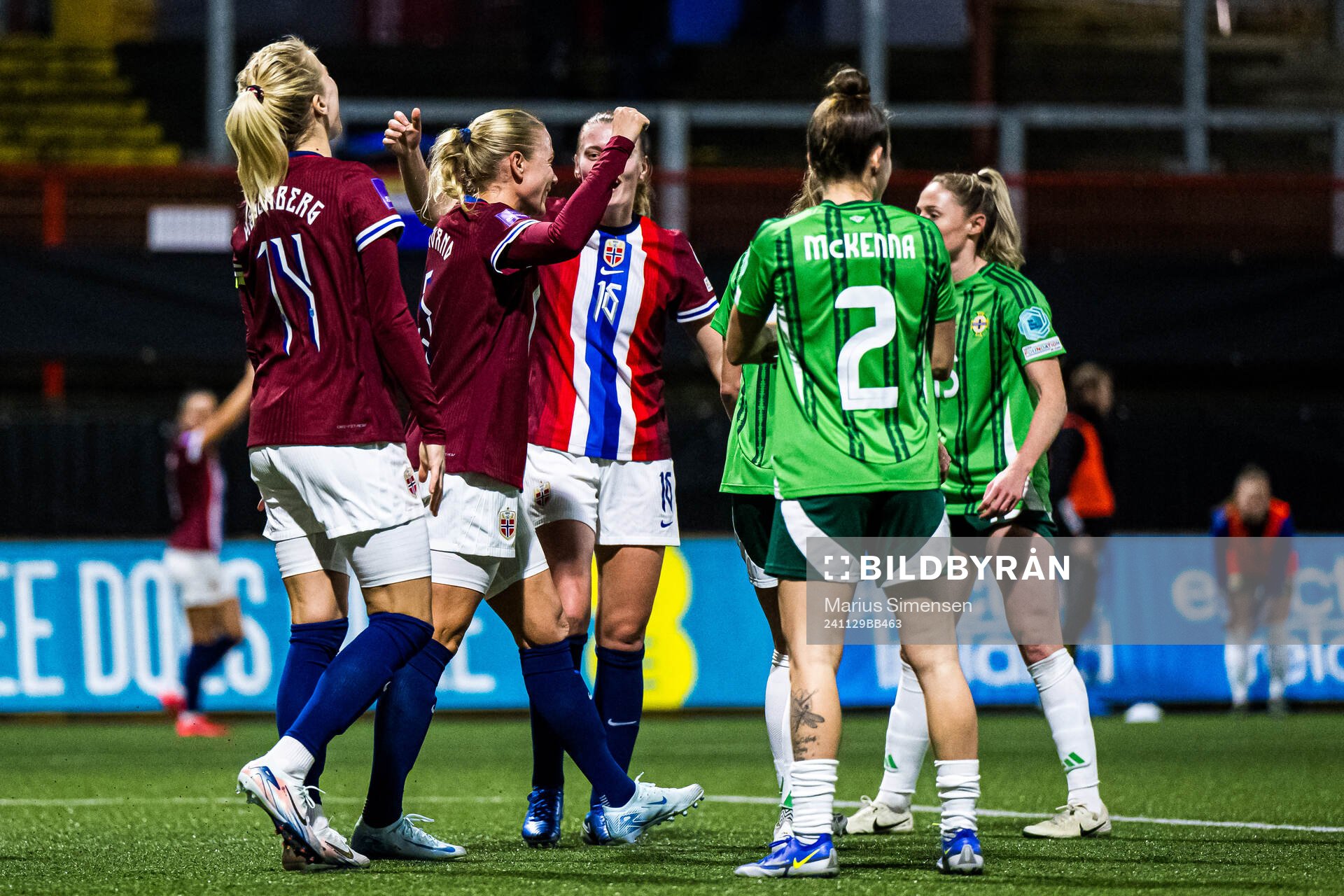 Guro Bergsvand of Norway celebrates after scoring the 0-4 goal during the UEFA Women's Euro Qualifier play-off football match between Northern Ireland and Norway on November 29, 2024 in Larne.