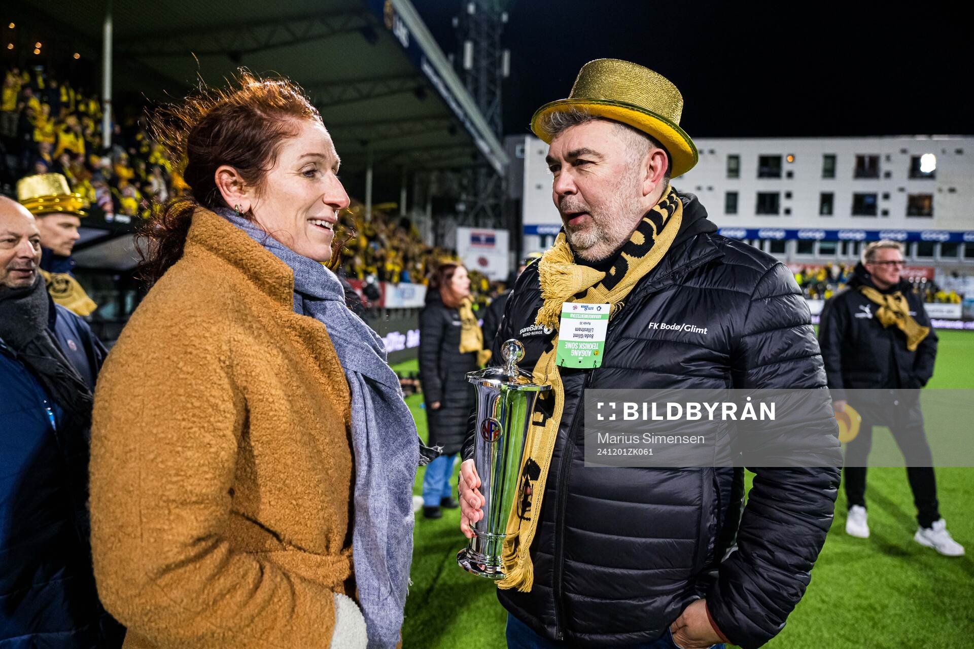 Lise Klaveness, president of the Norwegian Football Association (NFF), and Frode Thomassen, managing director of Bodø/Glimt, after the Eliteserien match between Bodø/Glimt and Lillestrøm on December 1, 2024 in Bodø.