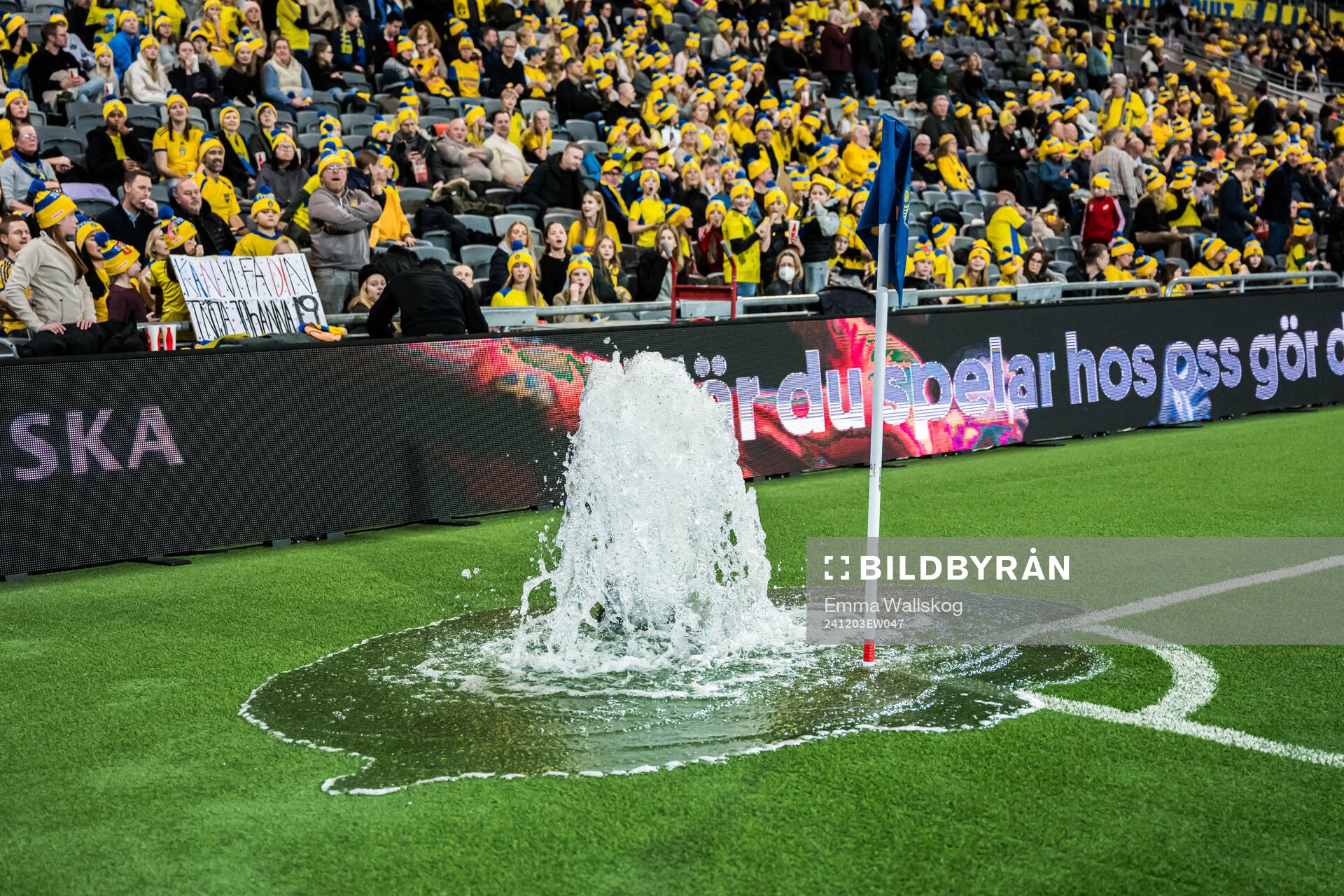 A water leak on the pitch during the UEFA Women's Euro Qualifier play-off football match between Sweden and Serbia on December 3, 2024 in Stockholm.