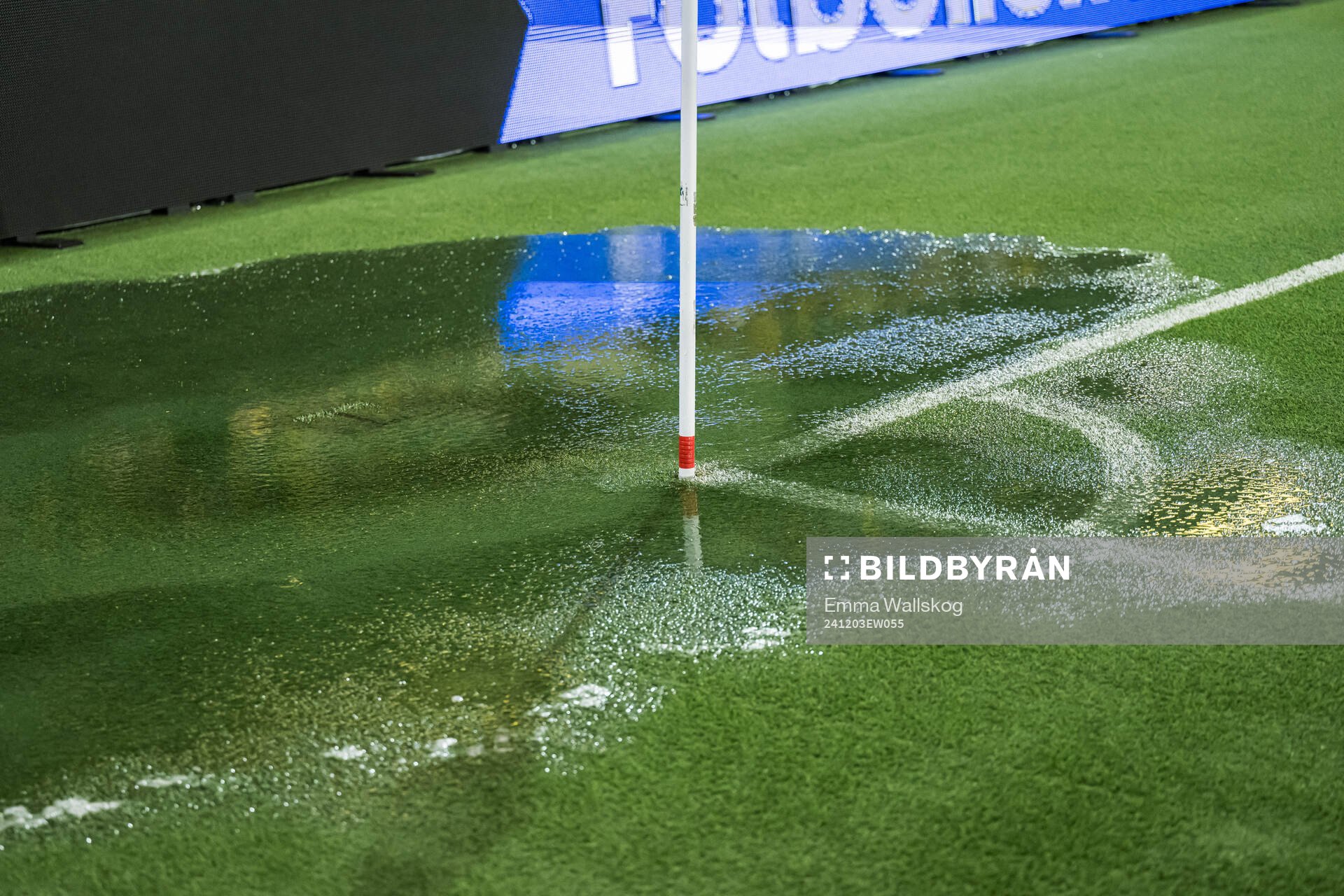 A water leak on the pitch during the UEFA Women's Euro Qualifier play-off football match between Sweden and Serbia on December 3, 2024 in Stockholm.