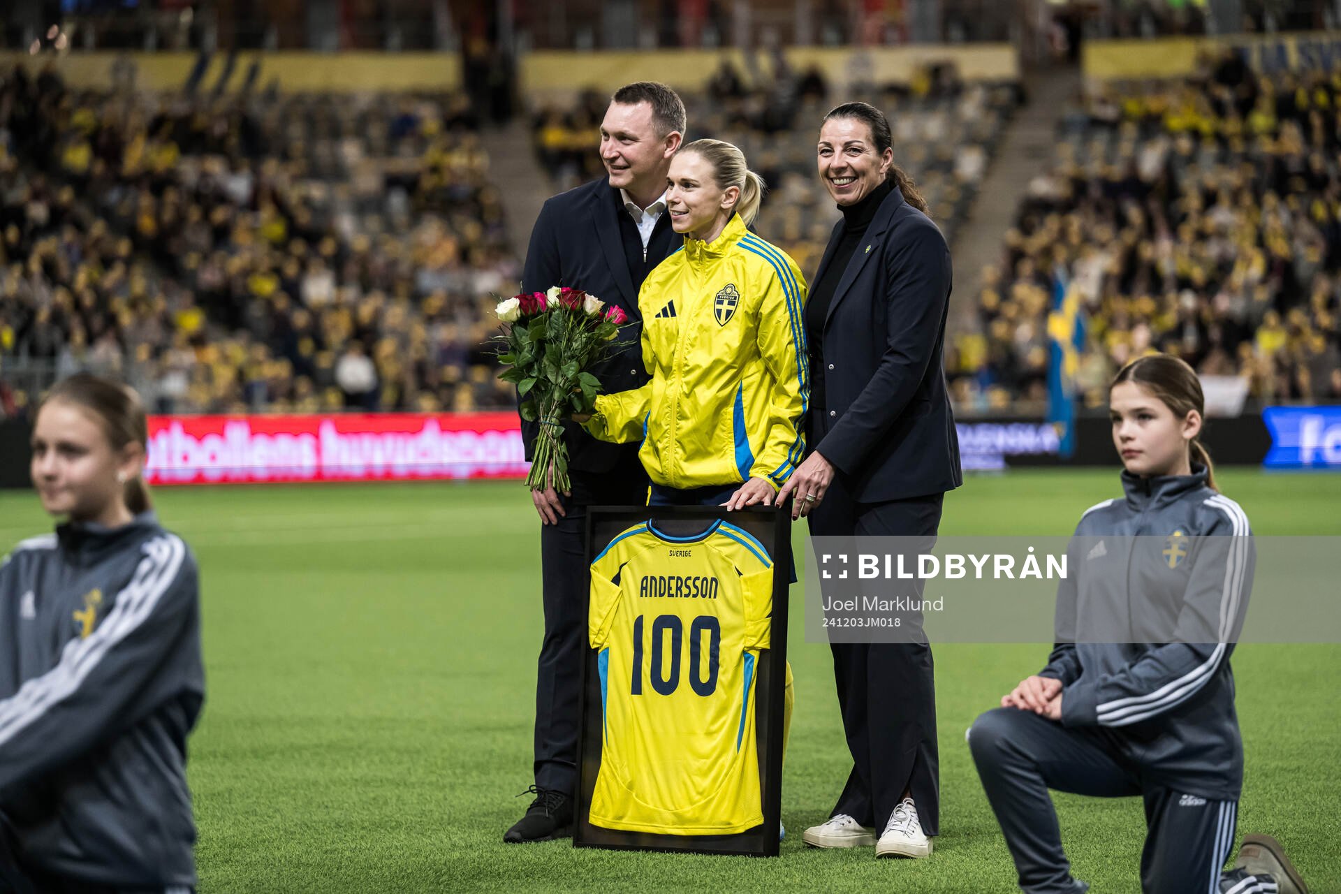 Jonna Andersson of Sweden is celebrated for 100 games with