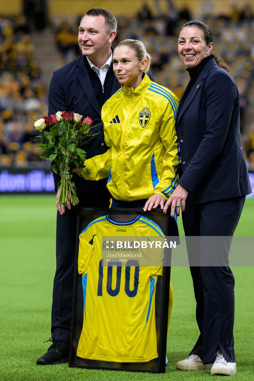 Jonna Andersson of Sweden is celebrated for 100 games with