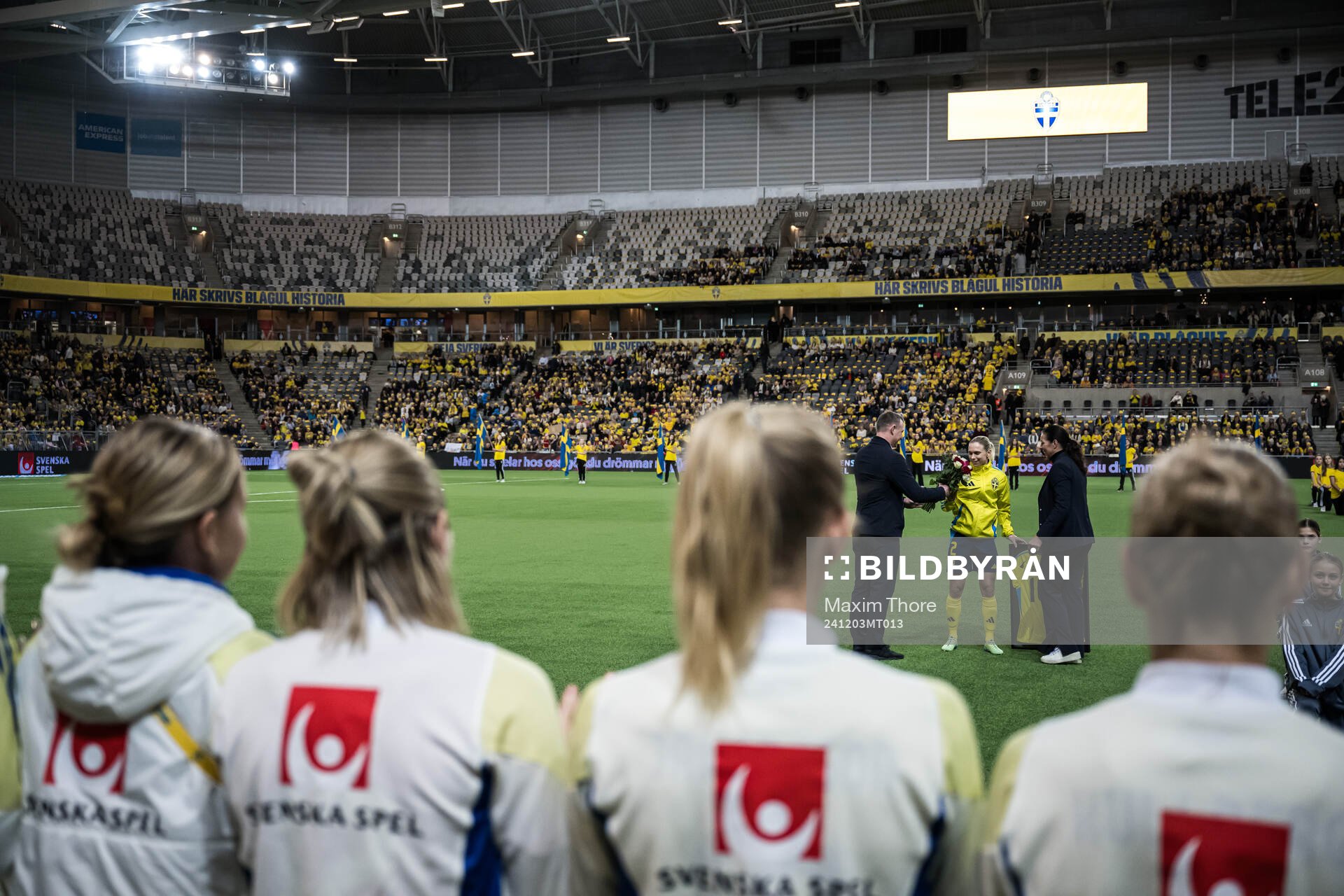 Jonna Andersson of Sweden is celebrated for 100 games with