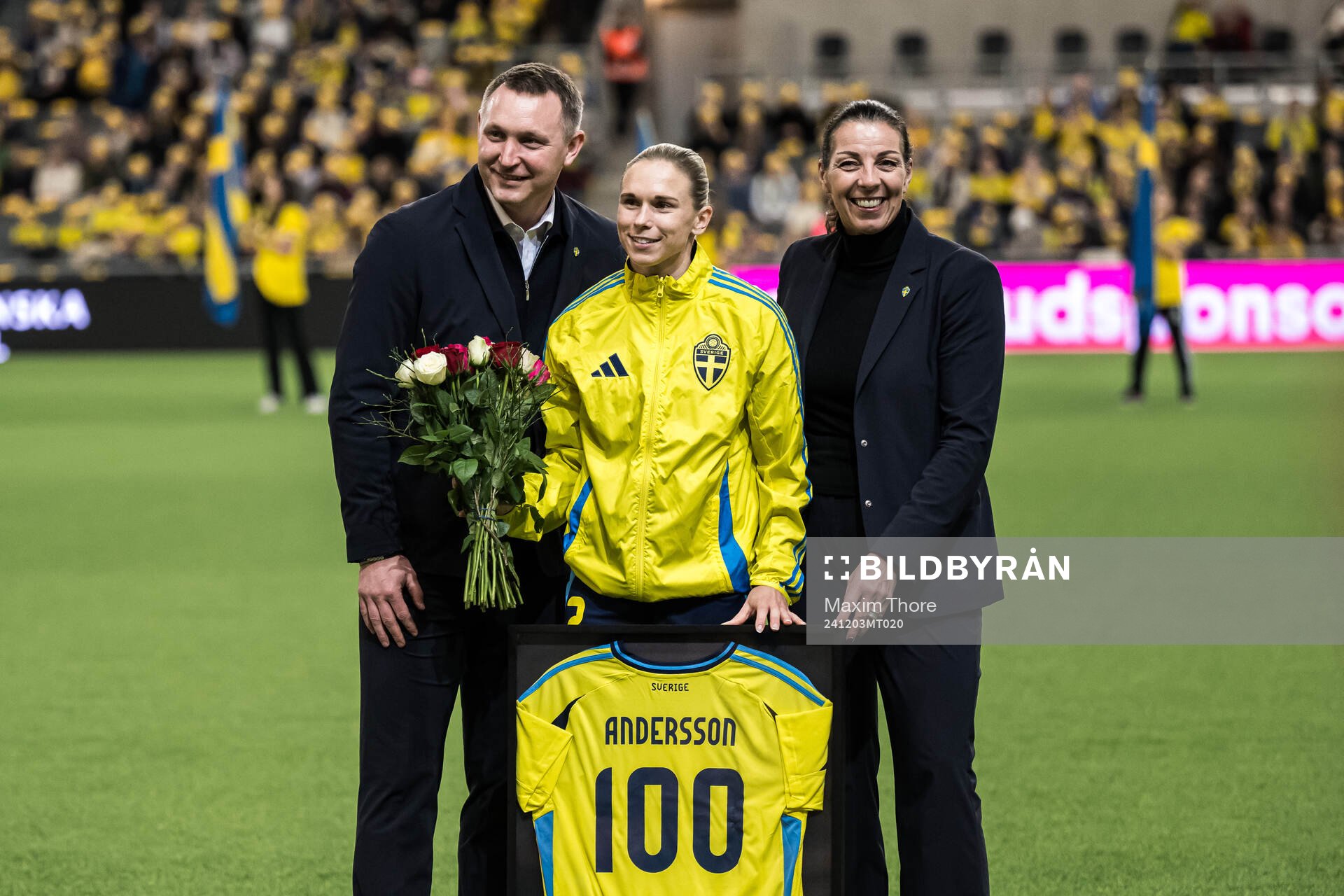 Jonna Andersson of Sweden is celebrated for 100 games with