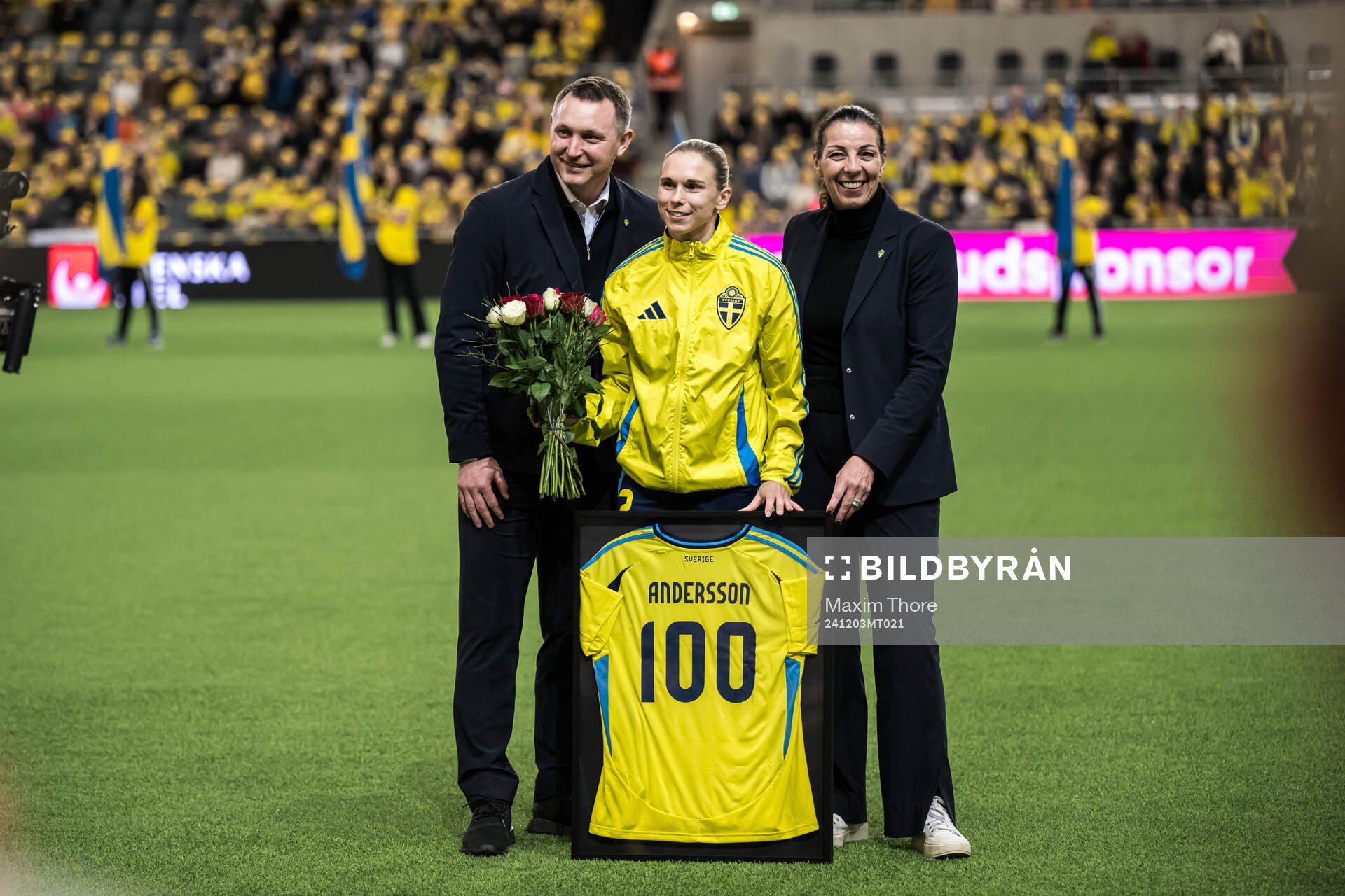 Jonna Andersson of Sweden is celebrated for 100 games with