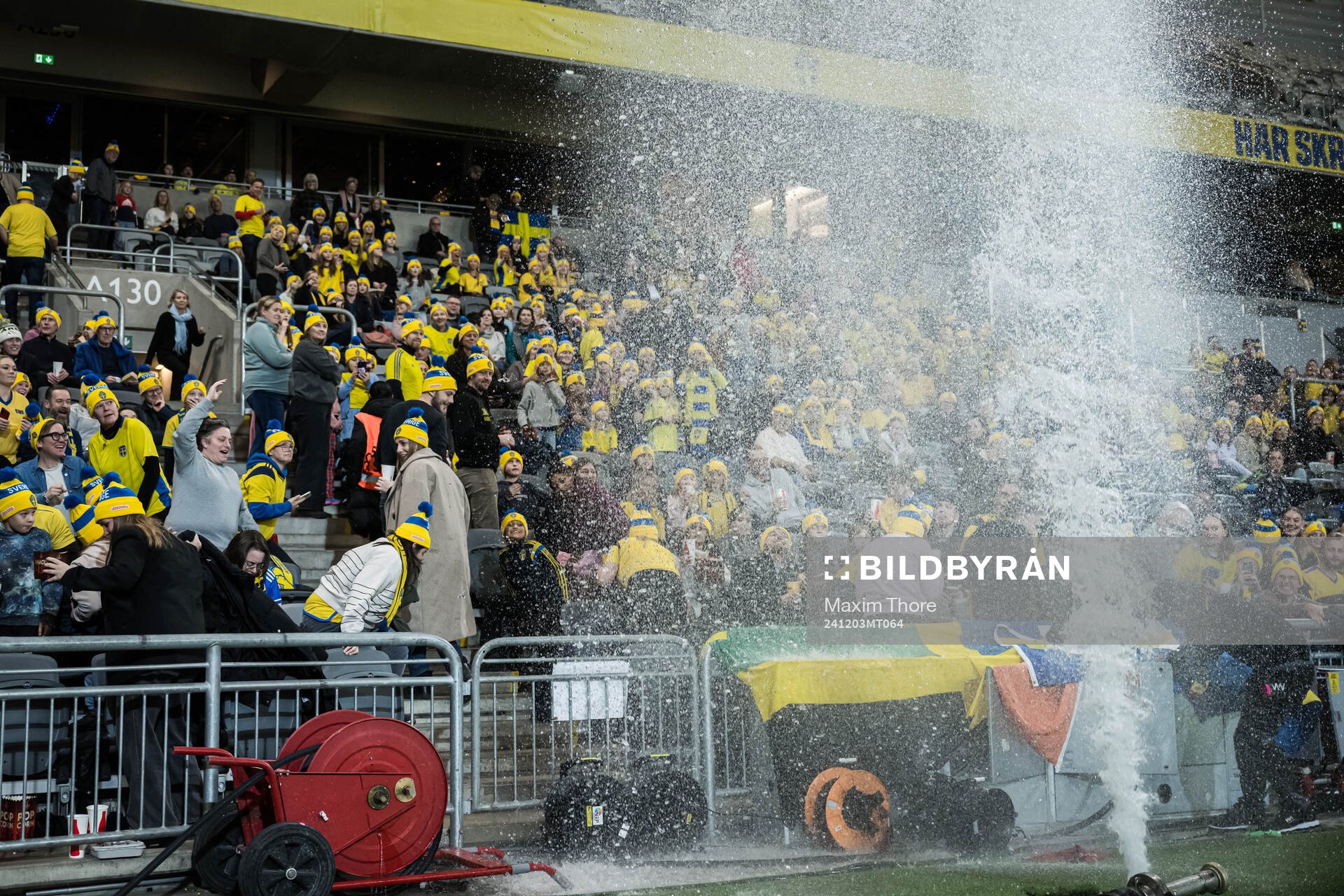 A water leak on the pitch during the UEFA Women's Euro Qualifier play-off football match between Sweden and Serbia on December 3, 2024 in Stockholm.