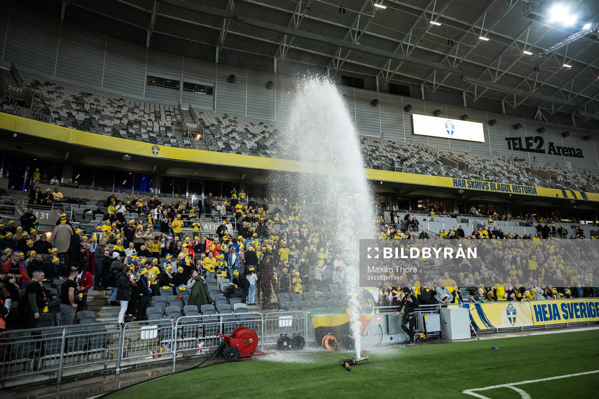 A water leak on the pitch during the UEFA Women's Euro Qualifier play-off football match between Sweden and Serbia on December 3, 2024 in Stockholm.